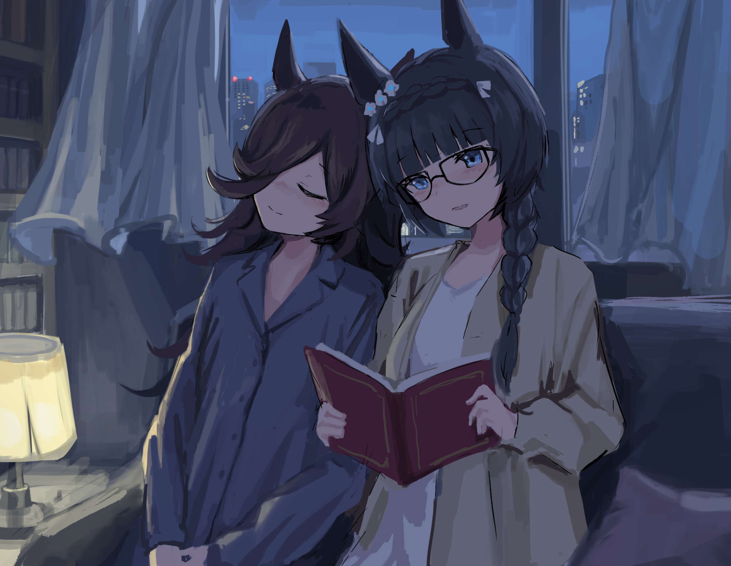 seikatsu, rice shower (umamusume), zenno rob roy (umamusume), umamusume, highres, 2girls, animal ears, black hair, blue eyes, blue shirt, blunt bangs, blush, book, braid, brown hair, brown jacket, closed eyes, closed mouth, crown braid, glasses, hair over one eye, hair over shoulder, head on another's shoulder, holding, holding book, horse ears, horse girl, jacket, long hair, multiple girls, reading, shirt, single braid, sitting, smile, white shirt