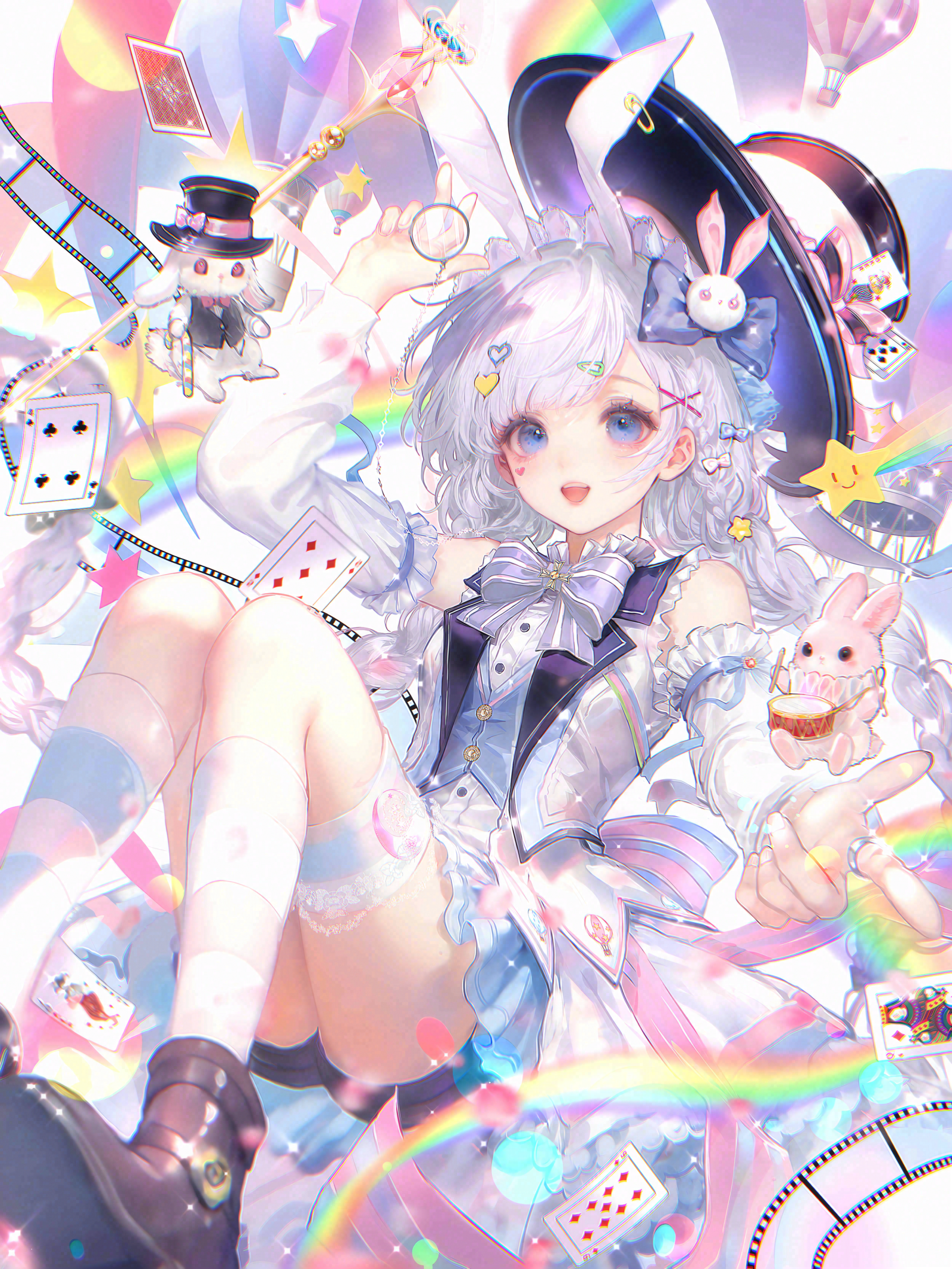 jingyu9, original, chinese commentary, commentary request, highres, large variant set, variant set, 1girl, :d, animal ears, arm up, balloon, black shorts, blue eyes, blush, bow, bowtie, braid, card, detached sleeves, frills, hair ornament, hairclip, hat, heart, heart hair ornament, holding, kneehighs, long hair, long sleeves, looking at viewer, open mouth, playing card, purple bow, rabbit, rabbit ears, rainbow, ribbon, shirt, shoes, shorts, smile, socks, solo, spade (shape), star (symbol), top hat, twin braids, vest, white hair, white socks, x hair ornament