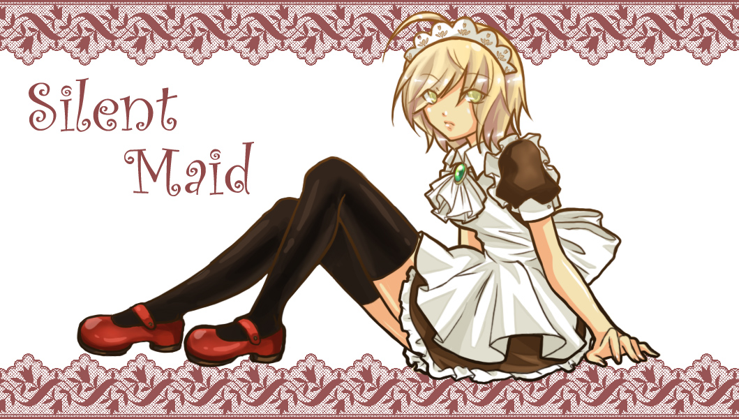 heather mason, silent hill, silent hill (series), silent hill 3, ahoge, black thighhighs, blonde hair, maid, maid headdress, mary janes, shoes, short hair, sitting, solo, thighhighs, yellow eyes