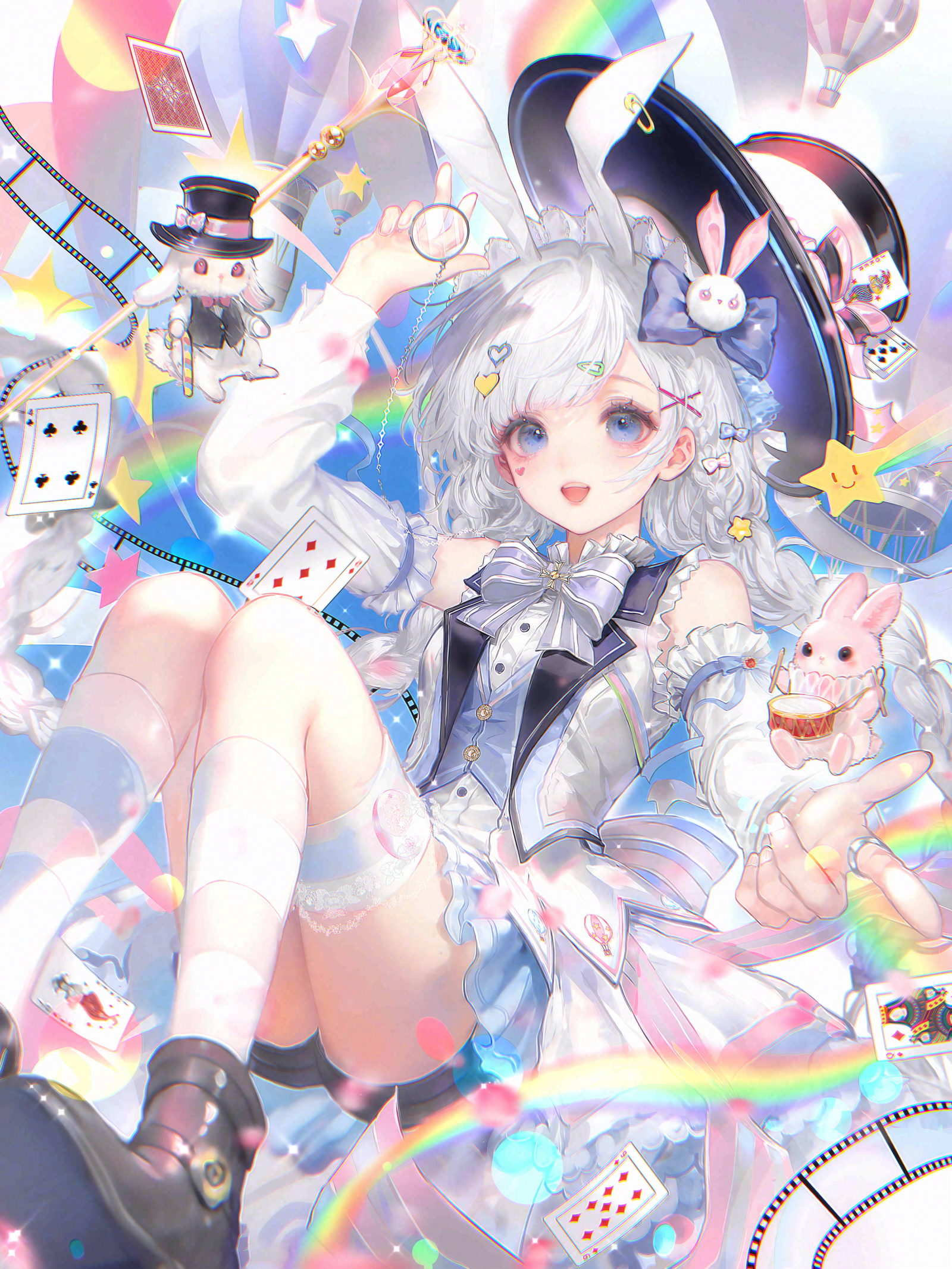 jingyu9, original, chinese commentary, commentary request, highres, large variant set, variant set, 1girl, animal ears, black shorts, blue eyes, bow, bowtie, braid, card, detached sleeves, frills, hair ornament, hat, heart, holding, kneehighs, long hair, long sleeves, looking at viewer, open mouth, playing card, rabbit, rabbit ears, rainbow, shorts, smile, socks, solo, star (symbol), top hat, twin braids, vest, white hair, white socks
