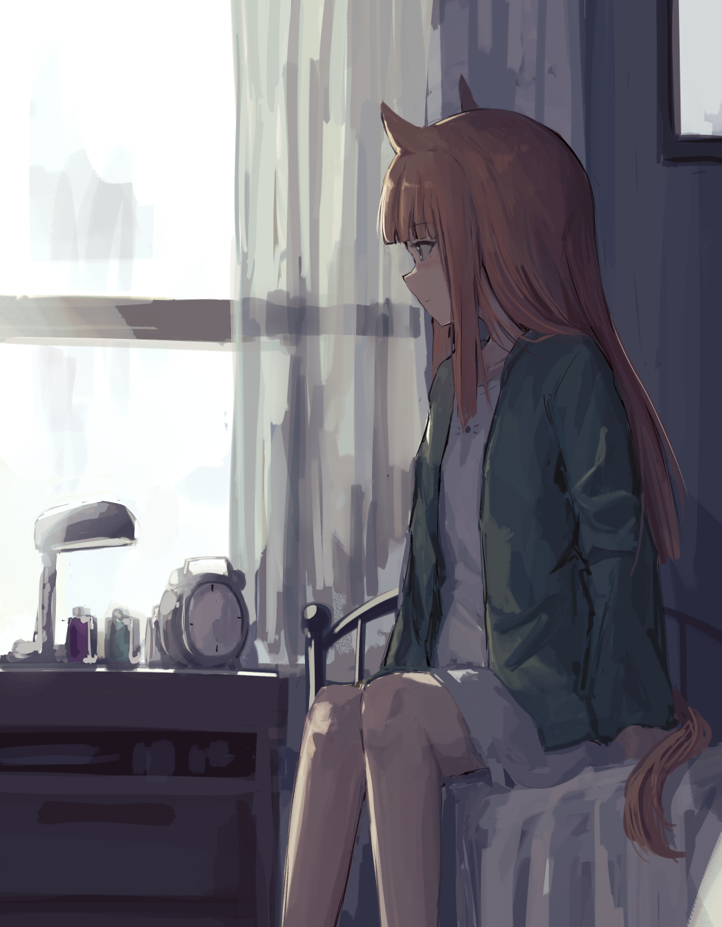 seikatsu, silence suzuka (umamusume), umamusume, highres, 1girl, animal ears, blue eyes, blush, closed mouth, dress, green jacket, horse ears, horse tail, indoors, jacket, long hair, looking to the side, on bed, orange hair, sidelocks, sitting, solo, tail, white dress