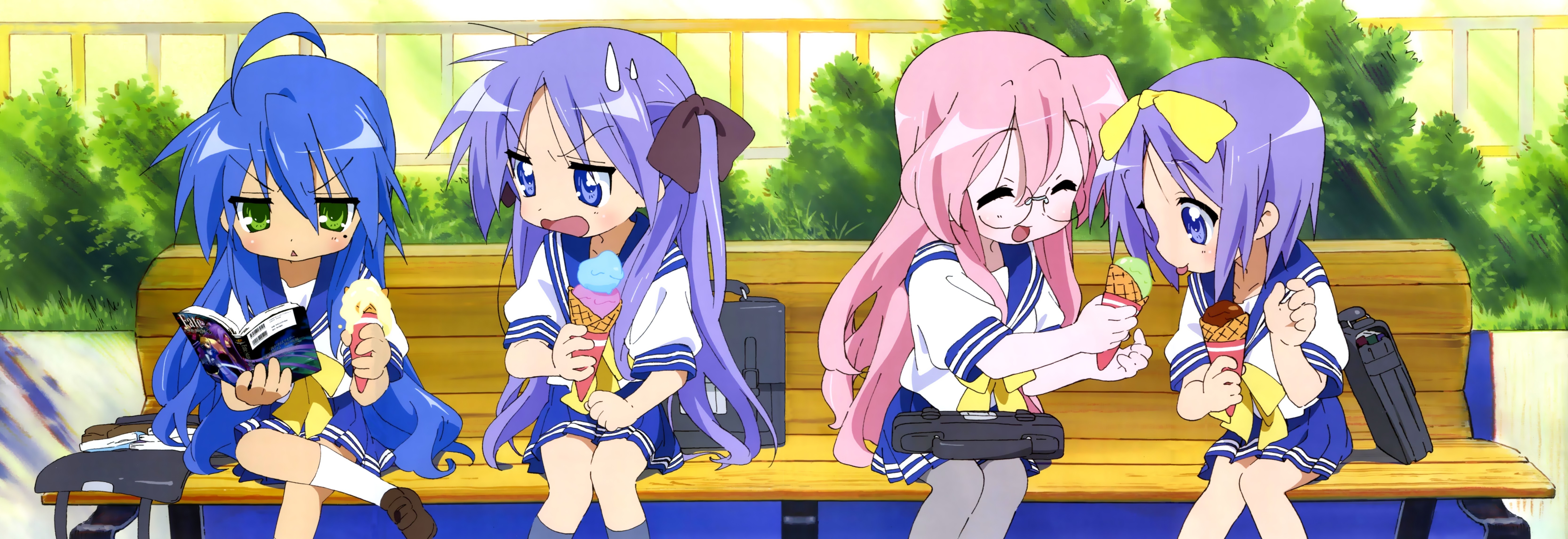 yamada naoko, hiiragi kagami, hiiragi tsukasa, izumi konata, takara miyuki, fate/stay night, fate (series), lucky star, absurdres, highres, long image, official art, wide image, 00s, 4girls, book, cowboy shot, female focus, food, ice cream, multiple girls, outdoors, pantyhose, plant, school uniform, serafuku, sitting, tongue