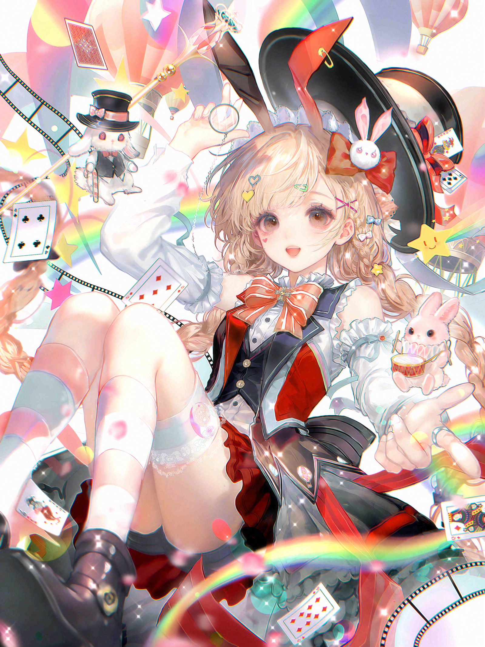 jingyu9, original, chinese commentary, commentary request, highres, large variant set, variant set, 1girl, :d, animal ears, arm up, balloon, black shorts, black vest, blonde hair, blush, boots, bow, bowtie, braid, brown eyes, card, detached sleeves, frills, hair ornament, hairclip, hat, heart, holding, long hair, long sleeves, looking at viewer, open mouth, playing card, rabbit, rabbit ears, rainbow, red bow, shirt, shorts, skirt, smile, socks, solo, star (symbol), top hat, twin braids, very long hair, vest, white shirt, white socks, x hair ornament, yellow bow