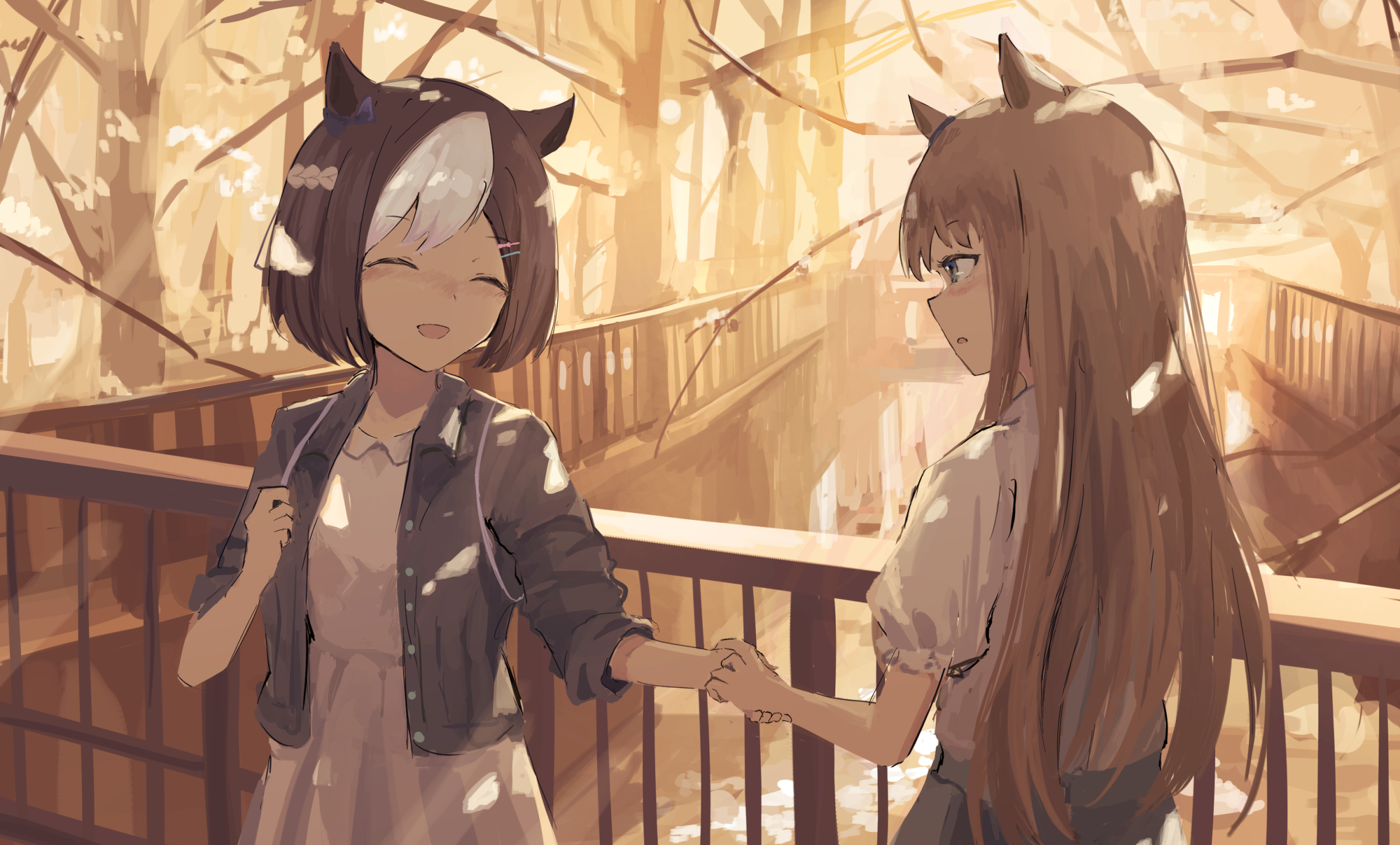 seikatsu, silence suzuka (umamusume), special week (umamusume), umamusume, highres, 2girls, animal ears, black jacket, blush, brown hair, closed eyes, holding another's wrist, horse ears, horse girl, jacket, long hair, looking at another, multicolored hair, multiple girls, open mouth, orange hair, scenery, shirt, short hair, silence suzuka (casual) (umamusume), skirt, special week (casual) (umamusume), two-tone hair, white hair, white shirt, white skirt, yuri
