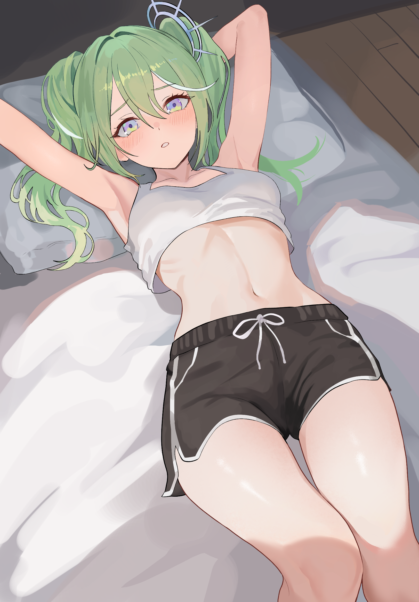 nbee ya, yuzuha riko, stellive, commentary, highres, 1girl, armpits, arms behind head, arms up, bare arms, bare shoulders, bed, black shorts, breasts, crop top, crop top overhang, dolphin shorts, drawstring, green hair, hair between eyes, hair ornament, long hair, looking at viewer, lying, midriff, multicolored hair, navel, on back, on bed, parted lips, pillow, purple eyes, shirt, short shorts, shorts, sleeveless, sleeveless shirt, small breasts, solo, stomach, streaked hair, thighs, virtual youtuber, white shirt