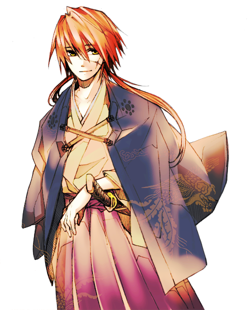 todoroki sora, himura kenshin, rurouni kenshin, traditional clothes, bad id, bad pixiv id, 1boy, japanese clothes, long hair, male focus, orange hair, red hair, scar, sheath, sheathed, simple background, solo, sword, weapon, yellow eyes