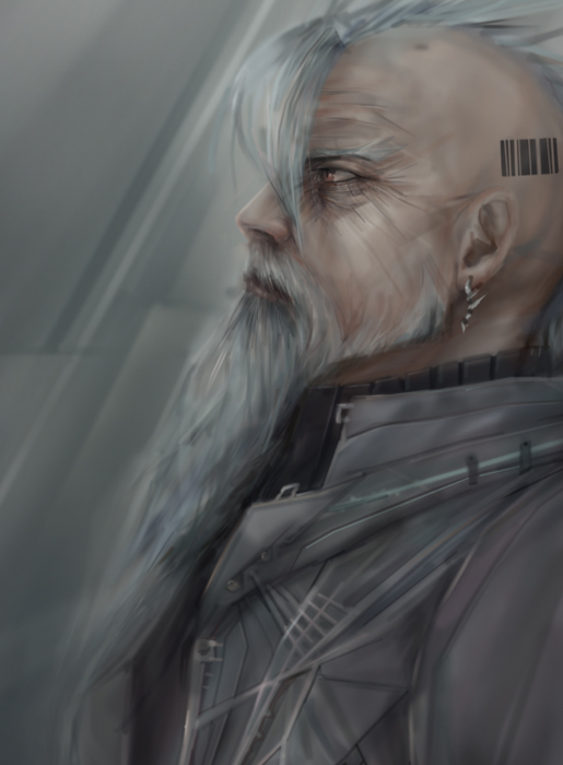 miche, silver hair, bad id, bad pixiv id, 1boy, barcode, barcode tattoo, beard, brown eyes, facial hair, male focus, solo, tattoo, upper body