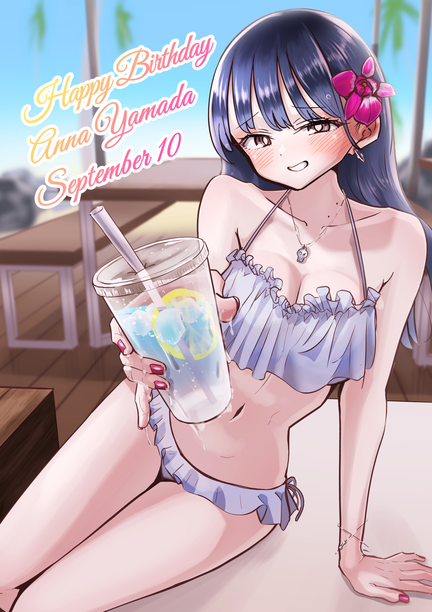 m2bou, yamada anna, boku no kokoro no yabai yatsu, commentary request, highres, 1girl, alternate costume, arm support, bikini, bikini skirt, black hair, blush, bracelet, breasts, brown eyes, cleavage, clenched teeth, collarbone, cup, dated, disposable cup, drink, drinking straw, earrings, english text, flower, frilled bikini, frills, giving, hair flower, hair ornament, happy birthday, holding, holding cup, holding drink, hoop earrings, incoming drink, jewelry, long hair, looking at viewer, medium breasts, mole, mole on neck, multiple moles, nail polish, navel, necklace, pink nails, side-tie bikini bottom, sitting, skull necklace, solo, swimsuit, teeth, white bikini, wooden floor