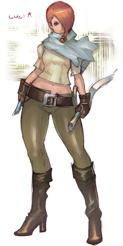 meme50, lucia (devil may cry), capcom, devil may cry, devil may cry (series), devil may cry 2, long image, tall image, 00s, belt, boots, crop top, dual wielding, hair over one eye, high heels, holding, midriff, orange hair, pants, red eyes, scarf, shoes, short hair, skin tight, solo, sword, weapon