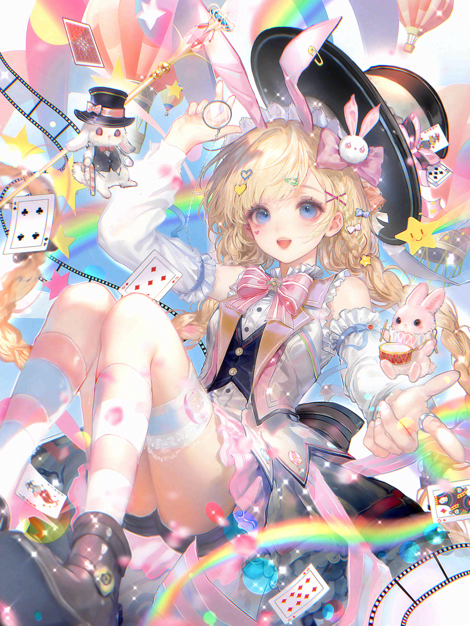 jingyu9, original, chinese commentary, commentary request, highres, large variant set, variant set, 1girl, :d, animal ears, arm up, balloon, black shorts, blonde hair, blue eyes, blush, boots, bow, bowtie, braid, buttons, card, detached sleeves, fake animal ears, frills, hair bow, hair ornament, hairclip, hat, heart, holding, kneehighs, long hair, long sleeves, looking at viewer, open mouth, pink bow, pink bowtie, playing card, rabbit, rabbit ears, rabbit hair ornament, rainbow, shirt, shorts, skirt, smile, socks, solo, star (symbol), top hat, twin braids, vest, white shirt