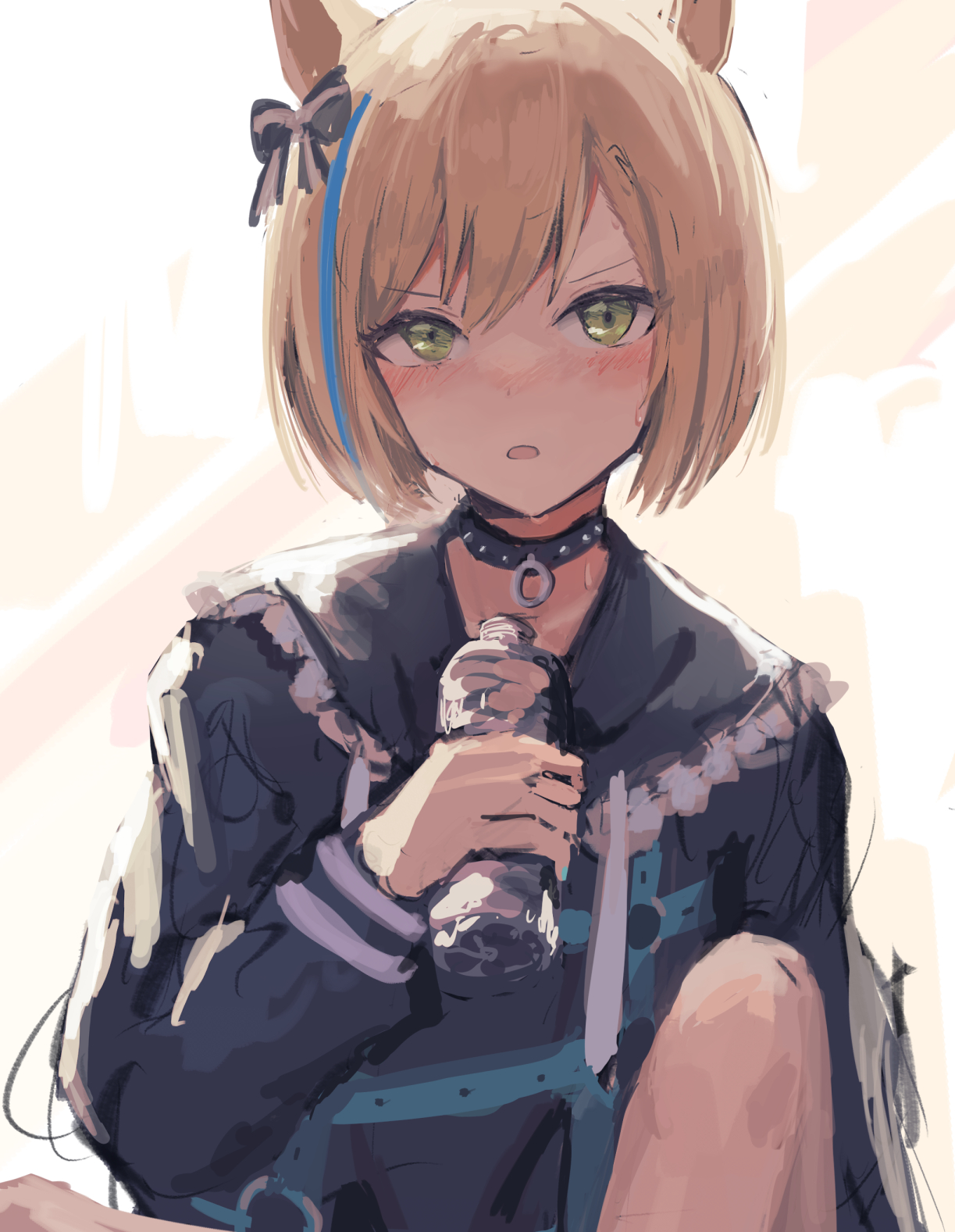 seikatsu, little cocon (umamusume), umamusume, highres, 1girl, animal ears, black bow, black choker, black dress, blonde hair, blue hair, blush, bottle, bow, choker, dress, green eyes, hair bow, holding, holding bottle, horse ears, horse girl, looking at viewer, multicolored hair, open mouth, short hair, sitting, solo, two-tone hair, water bottle