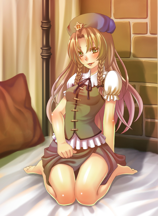terumii, hong meiling, embodiment of scarlet devil, touhou, bad id, bad pixiv id, 1girl, barefoot, blush, braid, clothes lift, female focus, full body, hat, indoors, long hair, red hair, sitting, skirt, skirt lift, solo, tongue