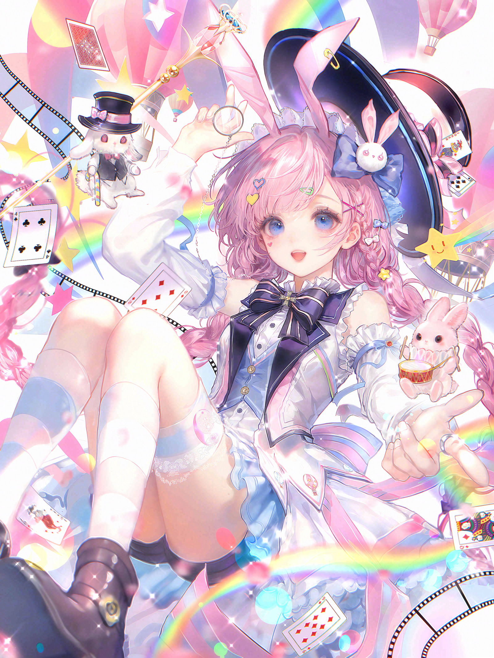jingyu9, original, chinese commentary, commentary request, highres, large variant set, variant set, 1girl, :d, animal ears, arm up, balloon, black bow, black shorts, blue bow, blue eyes, blue vest, blush, boots, bow, bowtie, braid, buttons, card, detached sleeves, diamond (shape), frills, hair ornament, hairclip, hat, heart, heart hair ornament, holding, kneehighs, long hair, long sleeves, looking at viewer, open mouth, pink hair, playing card, pocket watch, rabbit, rabbit ears, rabbit hair ornament, rainbow, ribbon, shirt, shoes, shorts, skirt, smile, socks, solo, spade (shape), star (symbol), top hat, twin braids, very long hair, vest, watch, white shirt, white sleeves, white socks