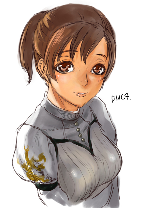 ashiomi masato, kyrie (devil may cry), capcom, devil may cry, devil may cry (series), devil may cry 4, 00s, 1girl, breasts, brown eyes, brown hair, female focus, matching hair/eyes, ponytail, red eyes, smile, solo