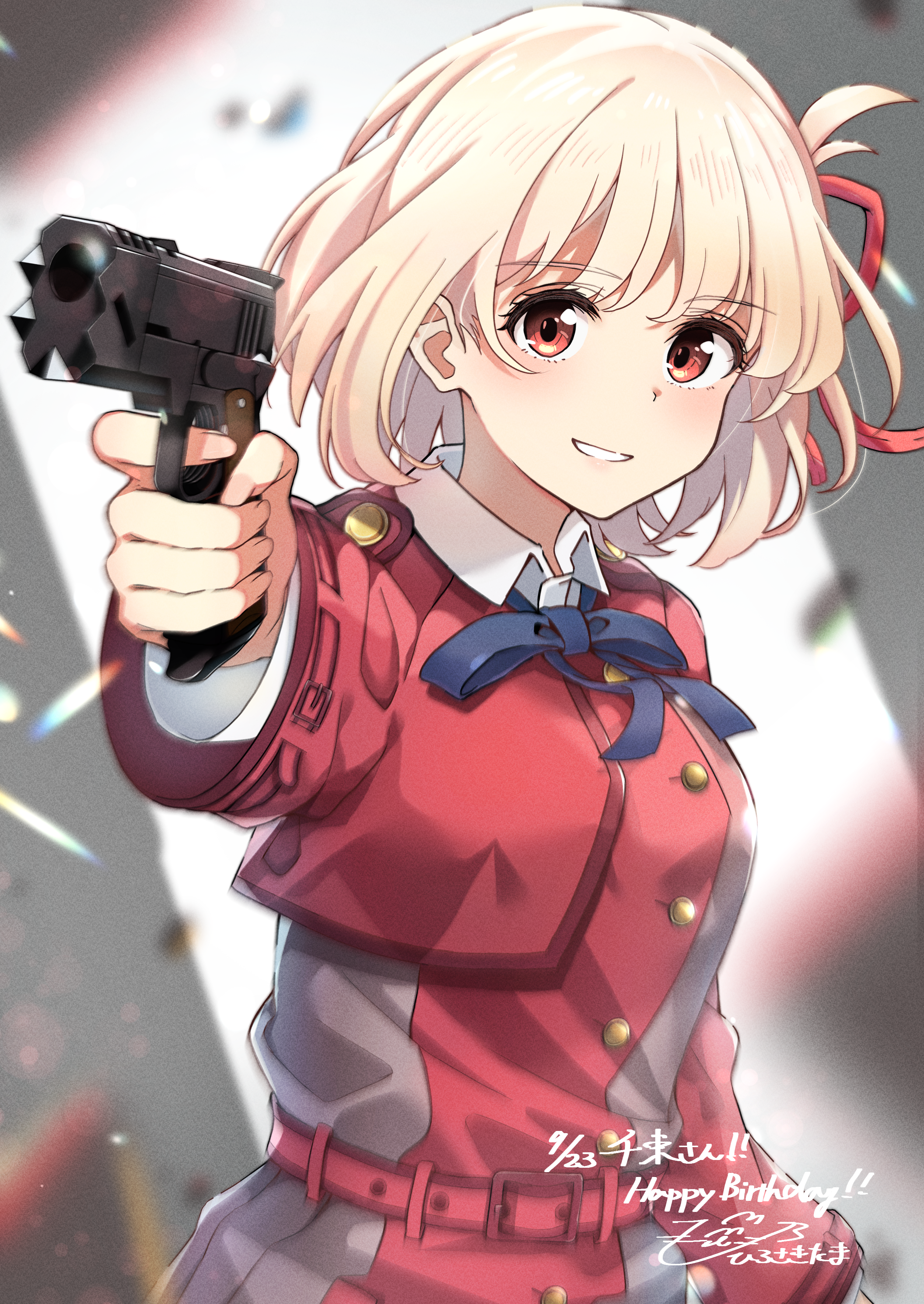 hiro5000 tama, nishikigi chisato, lycoris recoil, absurdres, commentary request, highres, 1girl, belt, blonde hair, blue ribbon, blurry, blurry background, blush, bob cut, depth of field, dress, grey dress, gun, hair ribbon, handgun, happy birthday, holding, holding gun, holding weapon, looking at viewer, lycoris uniform, m1911, neck ribbon, one side up, pleated dress, red belt, red dress, red ribbon, ribbon, short hair, smile, solo, two-tone dress, upper body, weapon