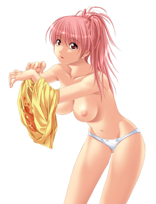 maki aida factor, 1girl, breasts, female focus, large breasts, long hair, nipples, no bra, panties, pink hair, ponytail, red eyes, simple background, solo, topless female, underwear, undressing, white background