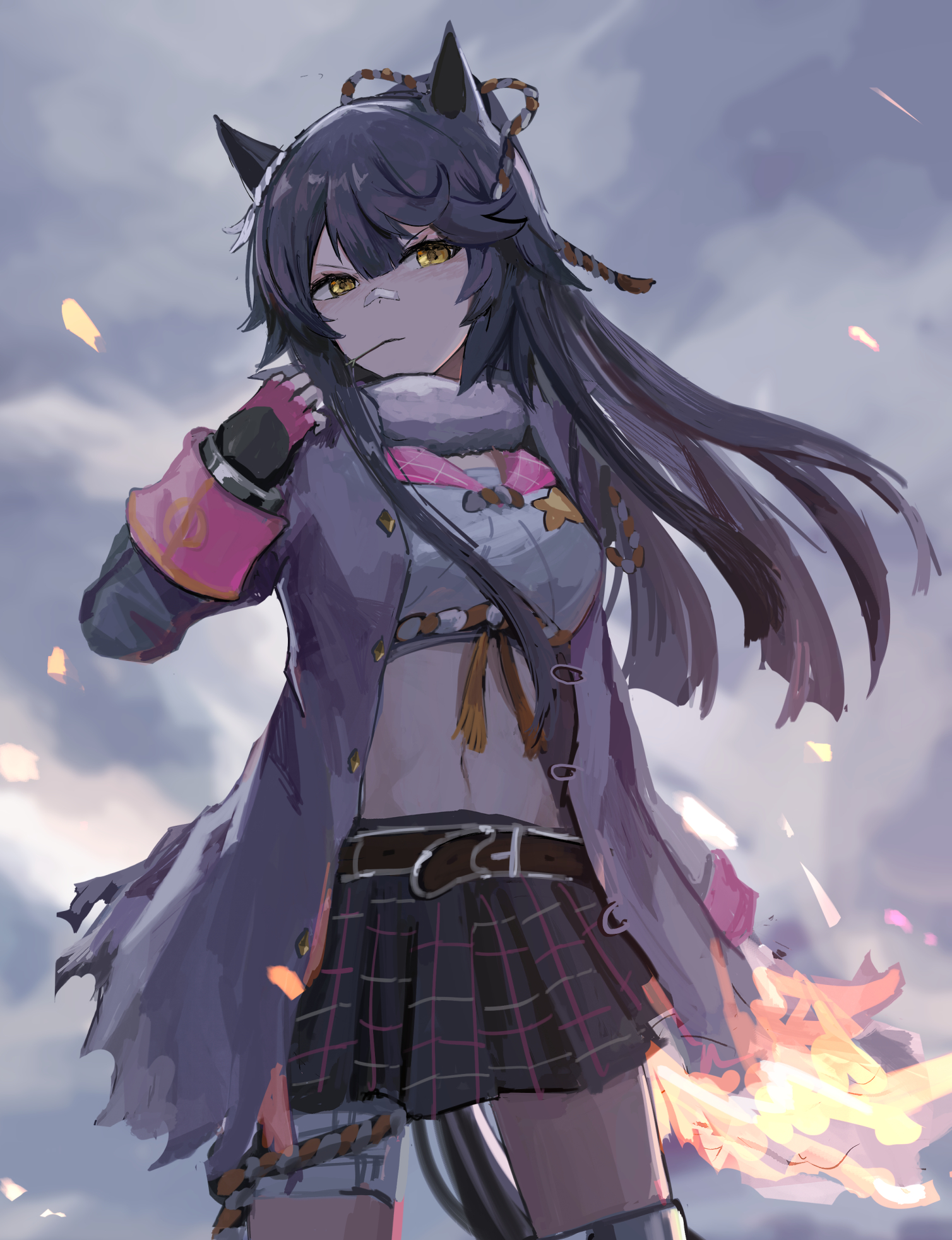 seikatsu, narita brian (maverick) (umamusume), narita brian (umamusume), umamusume, highres, 1girl, animal ears, bandaged leg, bandages, bikini, bikini top only, black gloves, black hair, black skirt, fingerless gloves, gloves, hair between eyes, horse ears, horse girl, horse tail, jacket, long hair, looking at viewer, midriff, mouth hold, navel, plaid clothes, plaid skirt, purple jacket, skirt, solo, stalk in mouth, swimsuit, tail, white bikini, yellow eyes