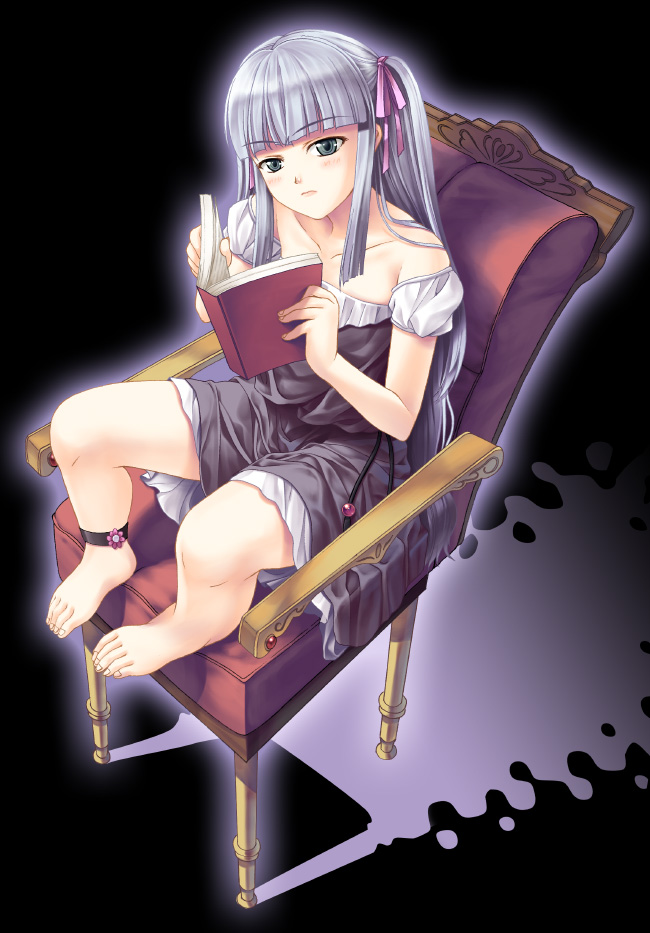 maki aida factor, original, silver hair, 1girl, barefoot, blunt bangs, blush, book, chair, dress, feet on chair, female focus, full body, green eyes, legs, long hair, looking at viewer, open book, reading, sidelocks, sitting, solo