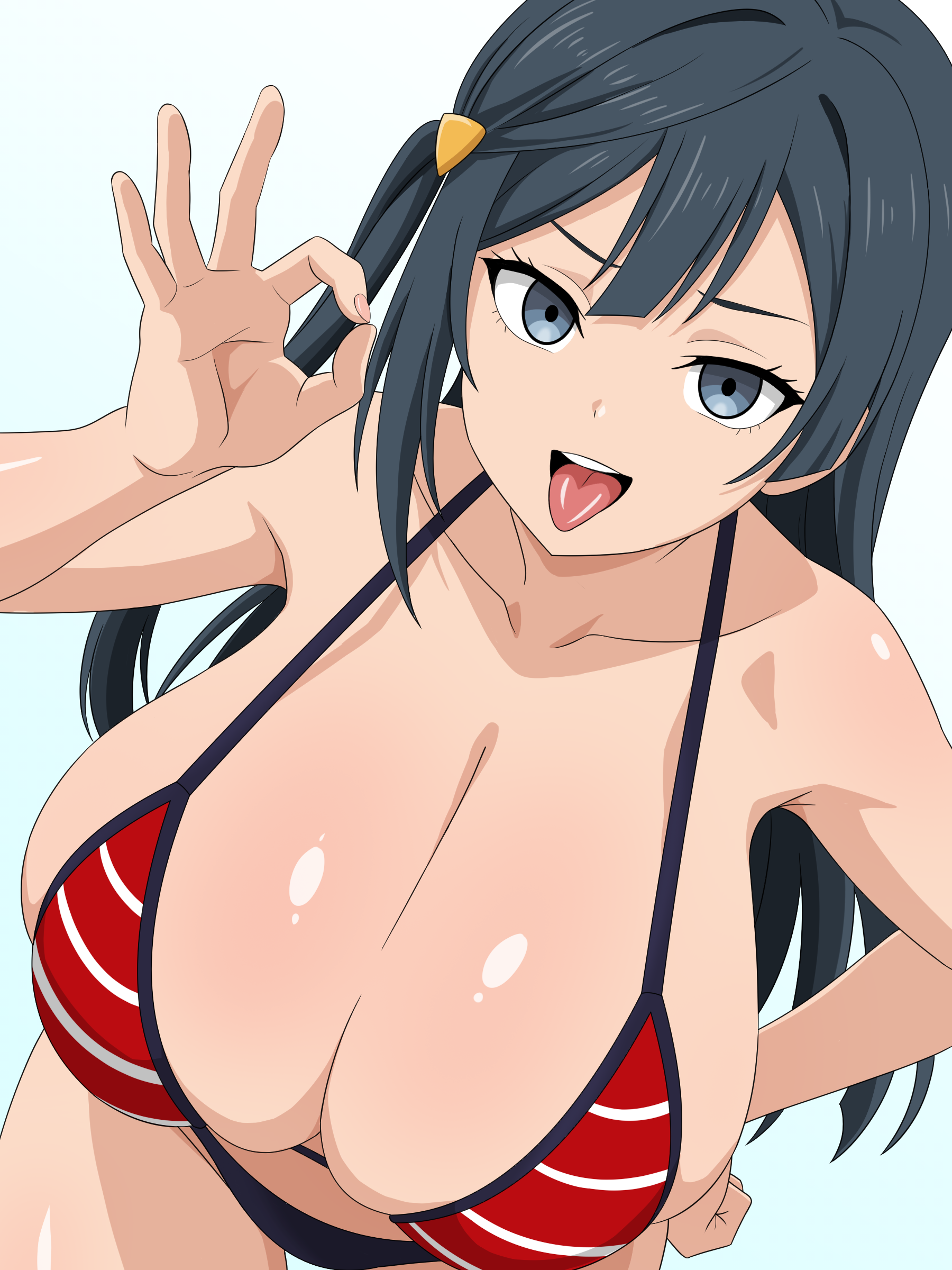 migikoba, yuki setsuna, love live!, love live! nijigasaki high school idol club, highres, translated, 1girl, bikini, black hair, breasts, english text, grey eyes, handjob gesture, huge breasts, japanese text, long hair, photo (object), smile, swimsuit, tongue, tongue out, white background