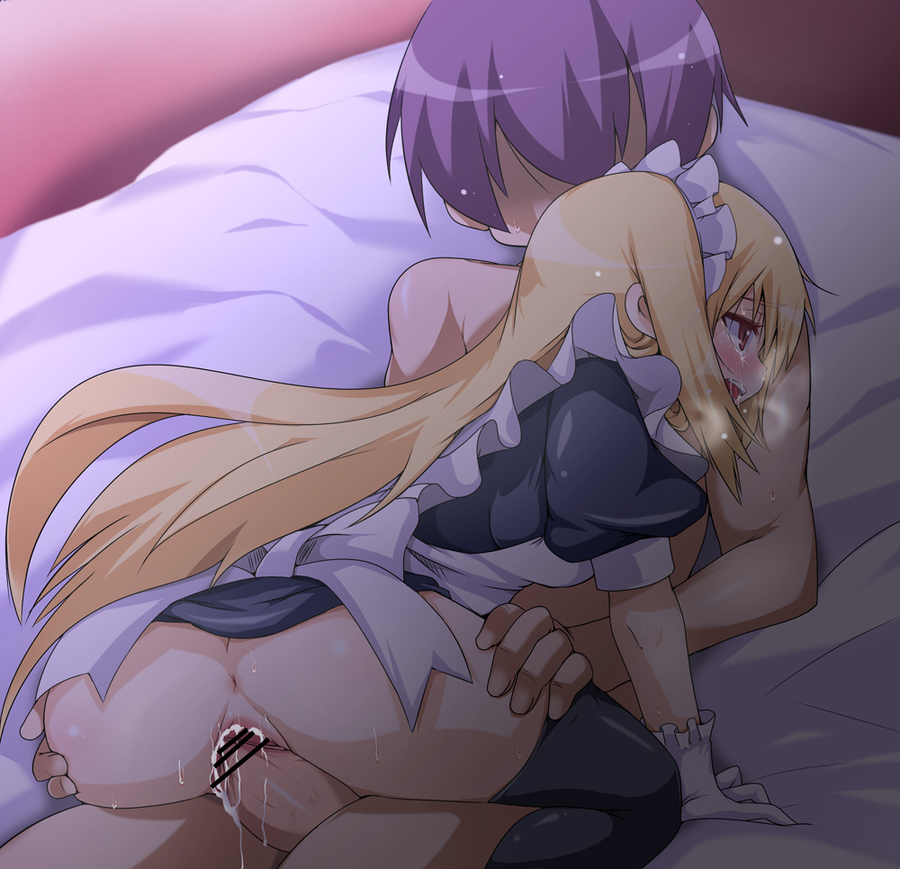 raiden (artist), raiden (raiden labo), ass grab, bad id, bad pixiv id, character request, 1boy, 1girl, anus, ass, bar censor, blonde hair, censored, clothed female nude male, cum, cum in pussy, hetero, long hair, maid, nude, penis, ribbon, sex, socks, vaginal