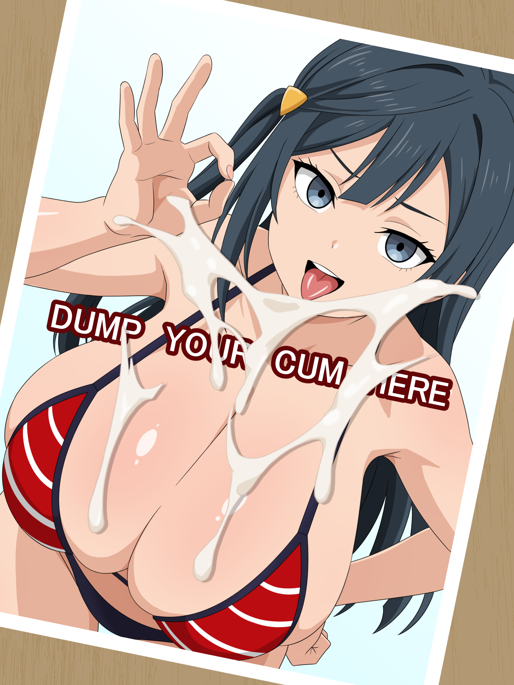 migikoba, yuki setsuna, love live!, love live! nijigasaki high school idol club, highres, translated, 1girl, bikini, black hair, breasts, cum on object, cum on photo, cum tribute, cumtribute, english text, grey eyes, handjob gesture, huge breasts, japanese text, long hair, smile, swimsuit, white background