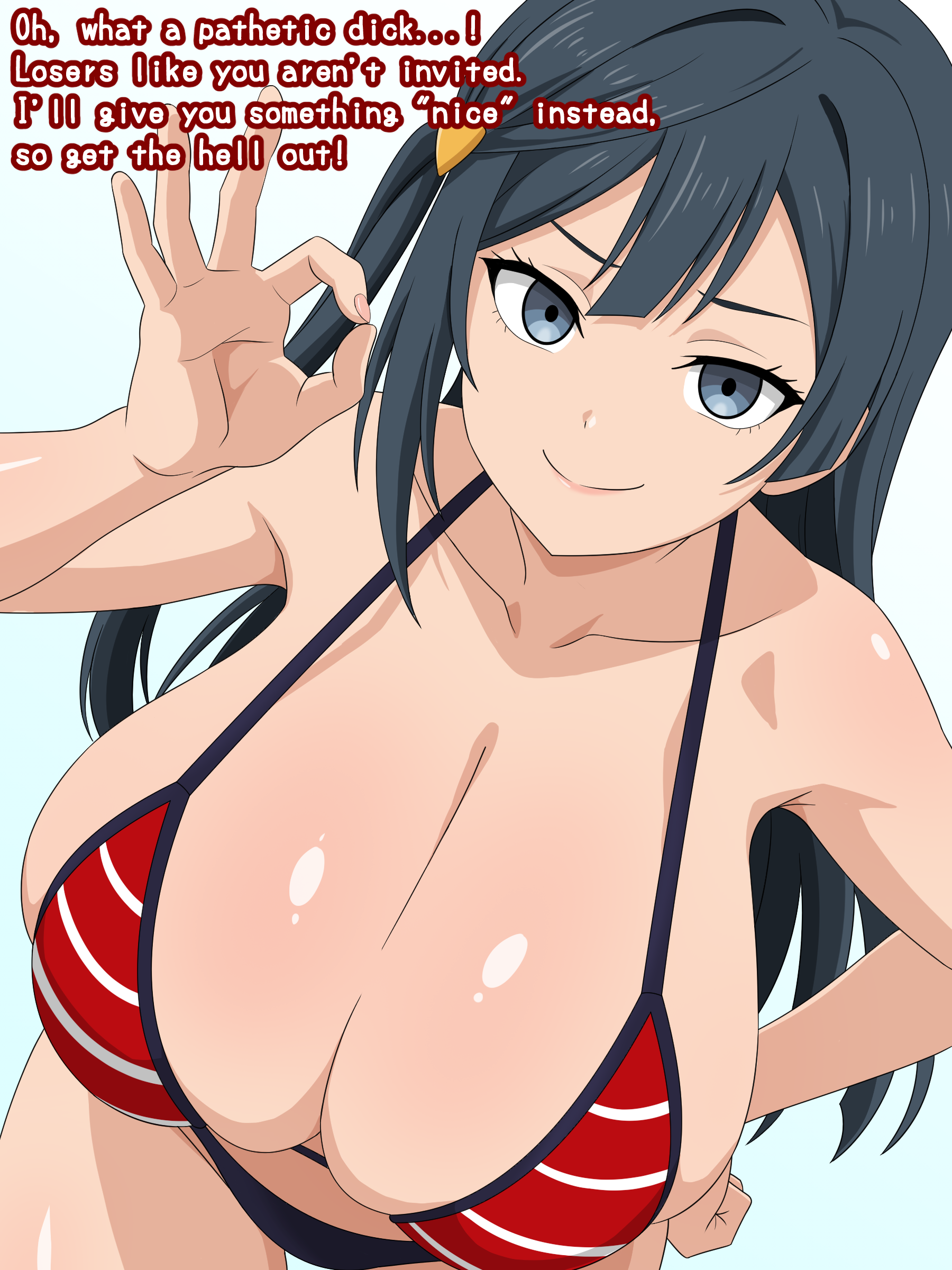 migikoba, yuki setsuna, love live!, love live! nijigasaki high school idol club, highres, translated, 1girl, bikini, black hair, breasts, english text, grey eyes, handjob gesture, huge breasts, humiliation, japanese text, long hair, small penis humiliation, smile, swimsuit, white background