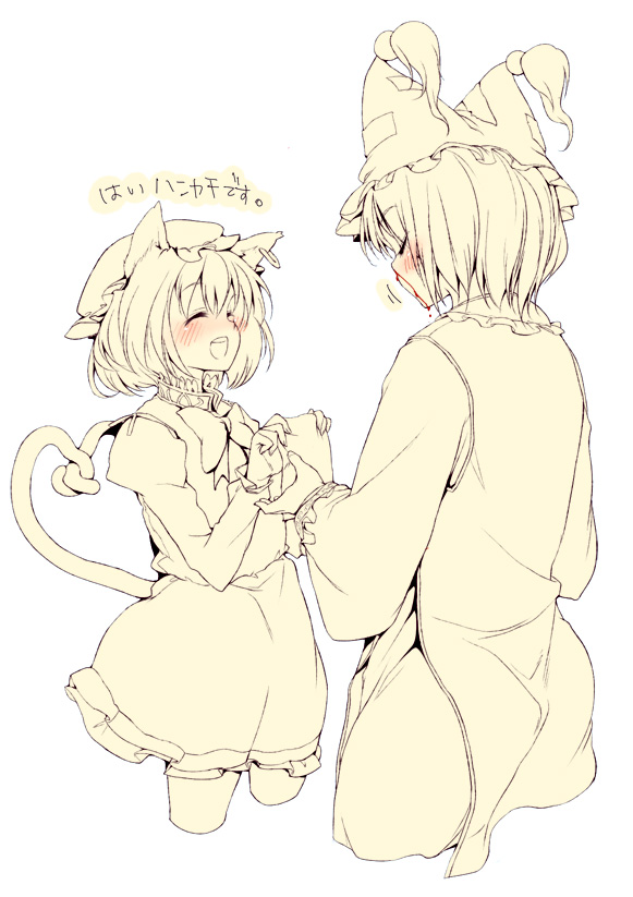 buriki, chen, yakumo ran, touhou, translated, 2girls, animal ears, blood, blush, cat ears, cat girl, cat tail, cropped legs, earrings, female focus, fox ears, fox tail, handkerchief, hat, heart, heart tail, jewelry, monochrome, multiple girls, multiple tails, nosebleed, ribbon, spot color, tail, yellow theme