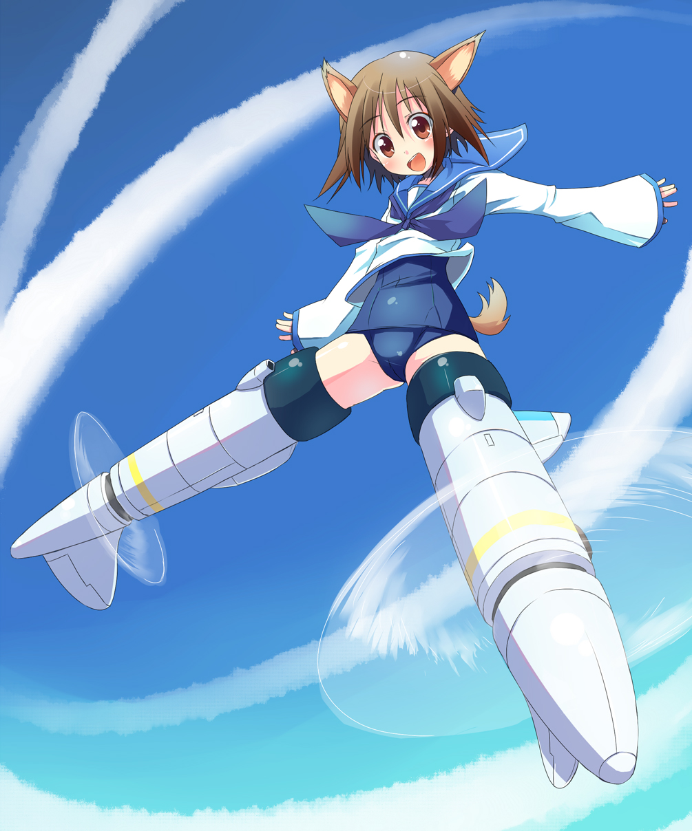sw (taco), miyafuji yoshika, strike witches, world witches series, highres, 00s, 1girl, animal ears, brown eyes, brown hair, female focus, no pants, one-piece swimsuit, school swimsuit, short hair, solo, spread legs, striker unit, swimsuit, swimsuit under clothes, tail