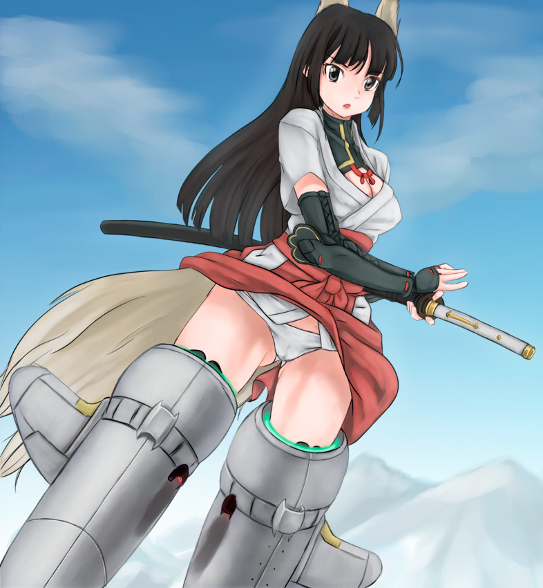 scharfschutze, anabuki tomoko, strike witches, strike witches: suomus misfits squadron, world witches series, bad id, bad pixiv id, 00s, 1girl, animal ears, black hair, elbow gloves, female focus, fingerless gloves, gloves, japanese clothes, katana, kimono, long hair, panties, solo, striker unit, sword, tail, underwear, weapon, white panties