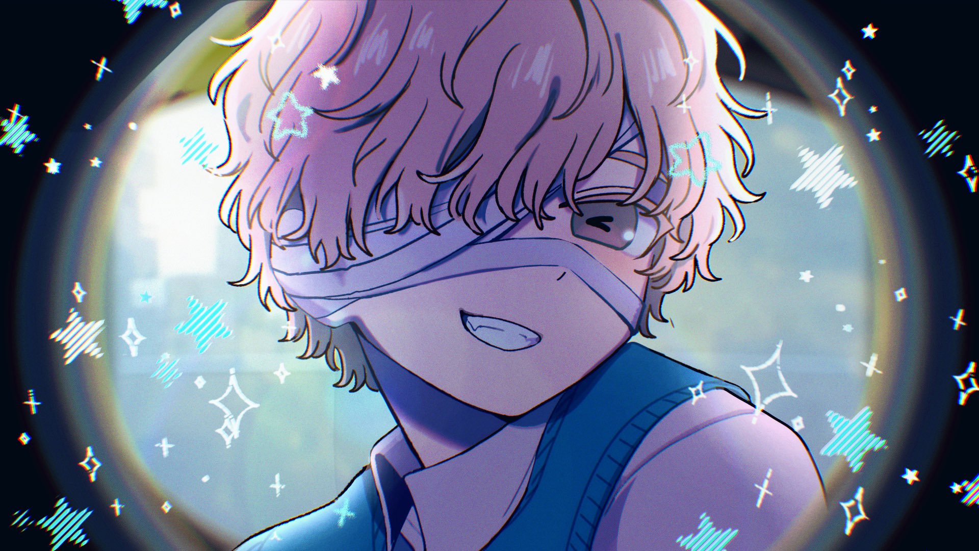 tendenbarabara, florian brand, identity v, monitoring (vocaloid), derivative work, highres, screenshot redraw, 1boy, bandage over one eye, blonde hair, blue sweater vest, fang, grin, looking at viewer, male focus, pov peephole, raised inner eyebrows, shirt, smile, star (symbol), sweater vest, wavy hair, white shirt, yellow eyes