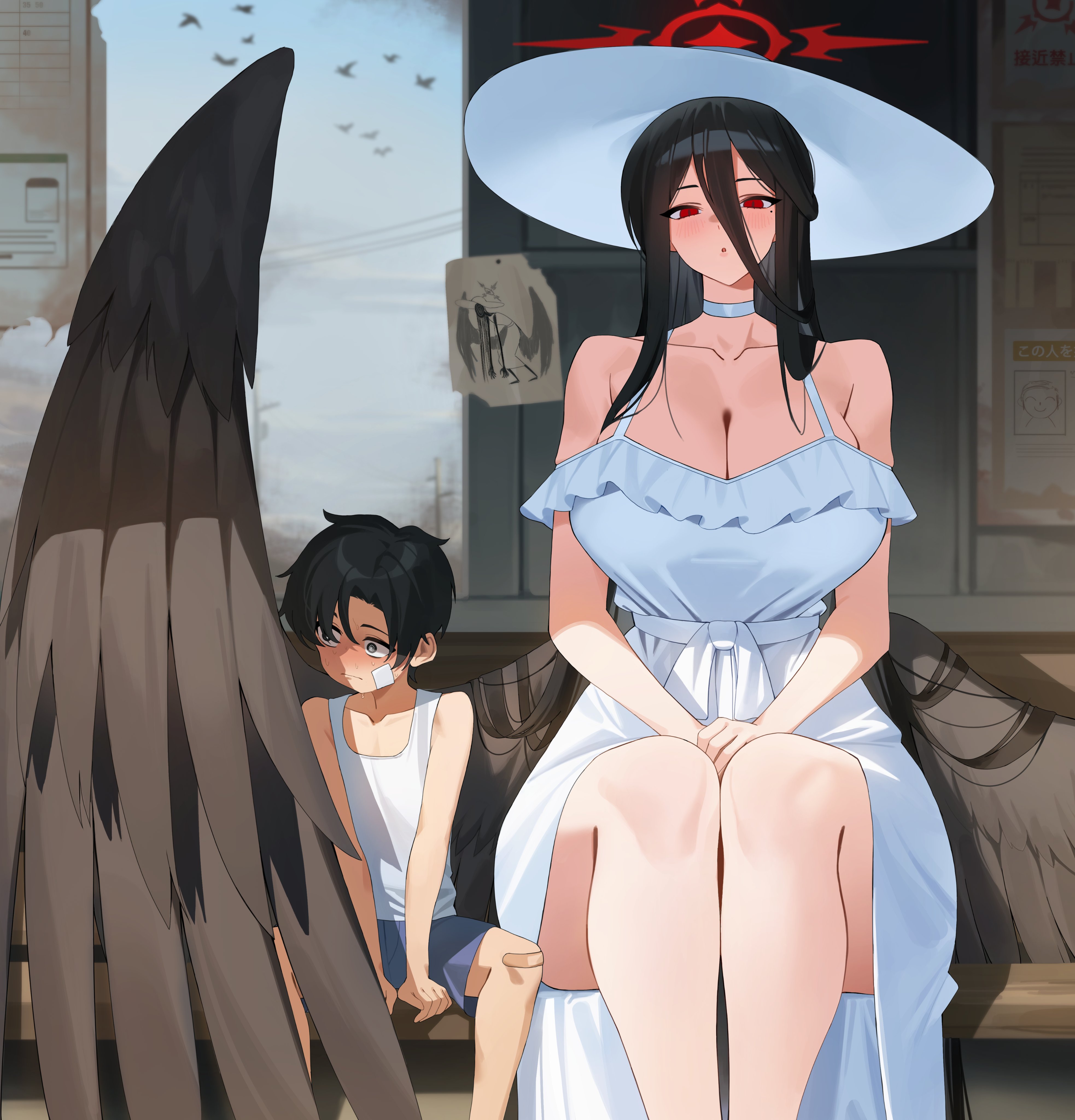 ddog, hasshaku-sama, hasumi (blue archive), blue archive, absurdres, hashtag-only commentary, highres, 1boy, 1girl, age difference, arm support, bandage on face, bandages, bare shoulders, bird, black hair, black wings, blue shorts, blurry, blurry background, breasts, choker, cleavage, drawing (object), dress, feathered wings, hair between eyes, halo, hat, height difference, huge breasts, long hair, long hair between eyes, looking at viewer, loosely tucked bangs, low wings, mole, mole under eye, onee-shota, oversized wings, own hands together, red eyes, red halo, short hair, shorts, sitting, size difference, sun hat, sundress, sweat, tall female, tank top, urban legend, very long hair, white choker, white dress, white hat, white tank top, wings