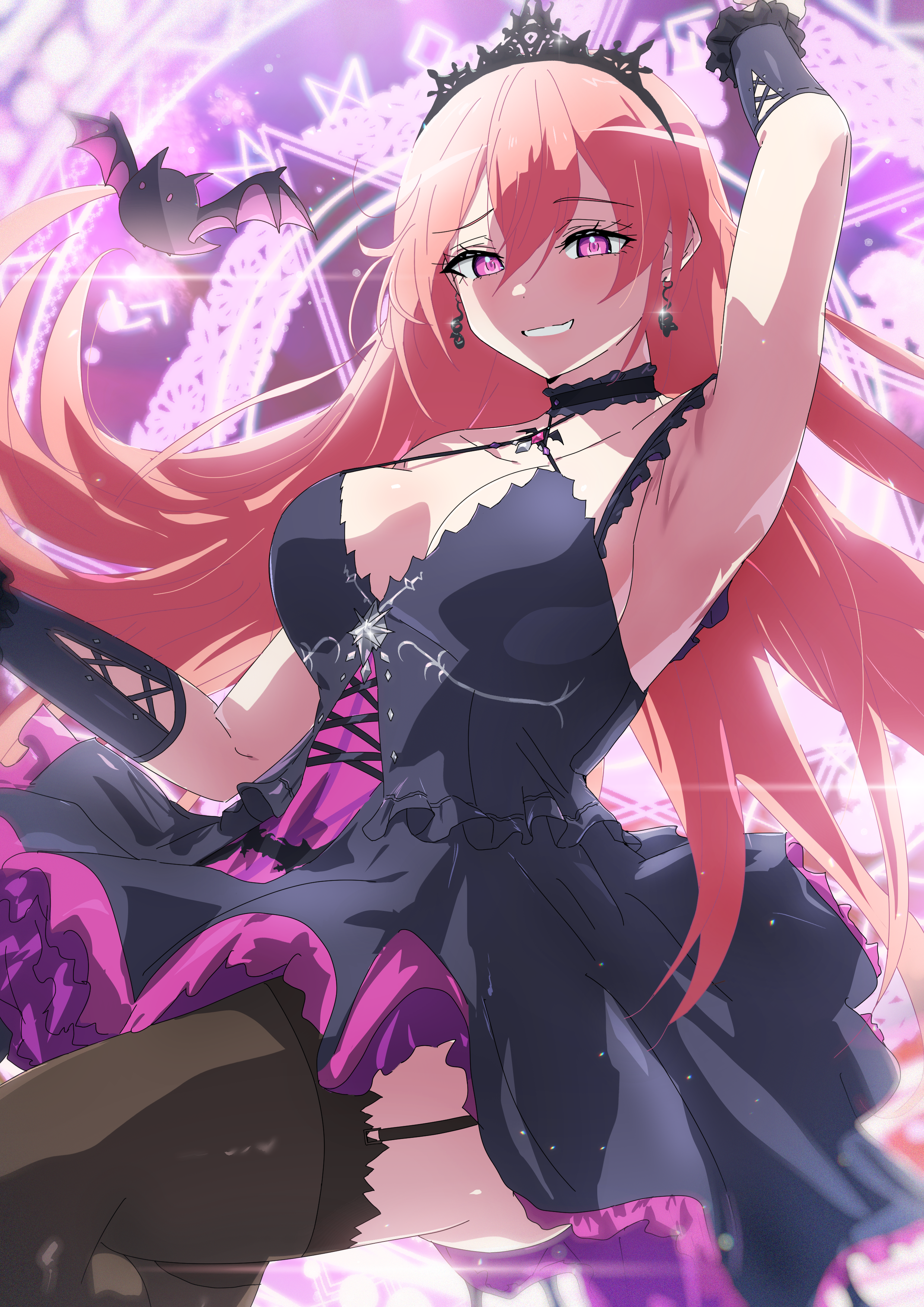 misaki nonaka, runie ruse, phase connect, absurdres, highres, 1girl, arm up, armpits, bat (animal), black dress, black garter straps, black thighhighs, black tiara, breasts, dress, earrings, eyelashes, garter straps, hair between eyes, jewelry, long hair, magic circle, pink hair, purple eyes, smile, solo, thighhighs, tiara, virtual youtuber