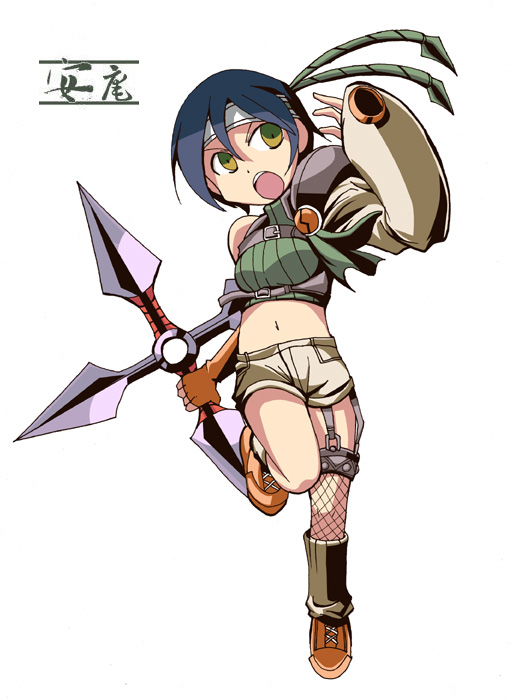 yasu-an, ninja (final fantasy), yuffie kisaragi, final fantasy, final fantasy vii, 1990s (style), 1girl, armor, female focus, fingerless gloves, gloves, green eyes, headband, midriff, ninja, retro artstyle, short hair, shorts, shouting, shuriken, sleeveless, sleeveless turtleneck, solo, turtleneck, weapon