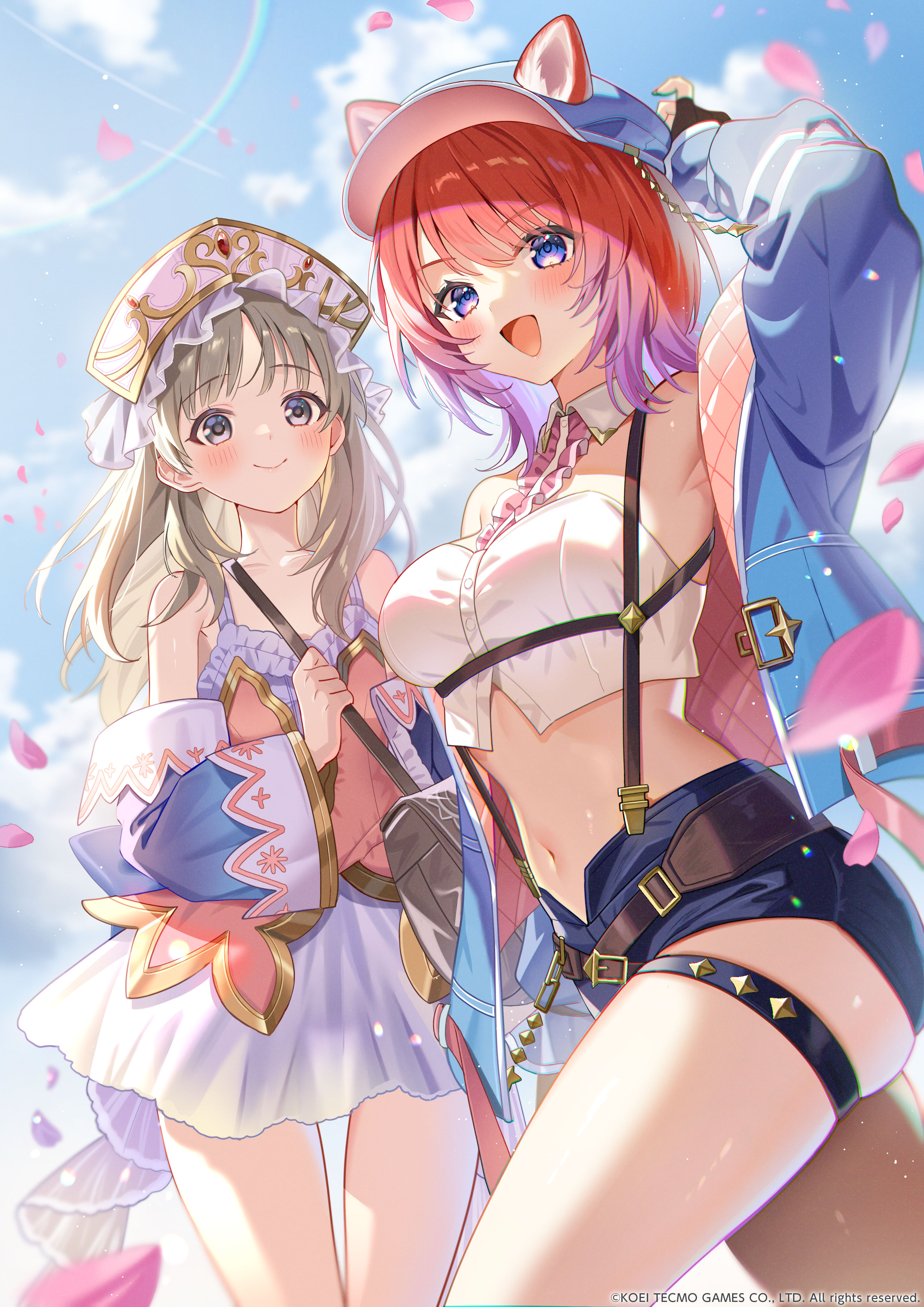 satoupote, rias eidreise, totooria helmold, atelier (series), atelier resleriana, atelier resleriana: the red alchemist & the white guardian, atelier totori, absurdres, commentary request, highres, official art, second-party source, 2girls, animal ears, arm behind head, arm up, armpits, bare shoulders, blue eyes, blue hat, blue jacket, blue shorts, breasts, brown hair, crop top, detached collar, dress, ears through headwear, gradient hair, hat, jacket, long sleeves, looking at viewer, medium breasts, medium hair, midriff, multicolored hair, multiple girls, navel, newsboy cap, open clothes, open jacket, open mouth, purple hair, red hair, shirt, short shorts, shorts, sleeveless, sleeveless shirt, smile, stomach, suspenders, thigh strap, thighs, white dress, white hat, white shirt