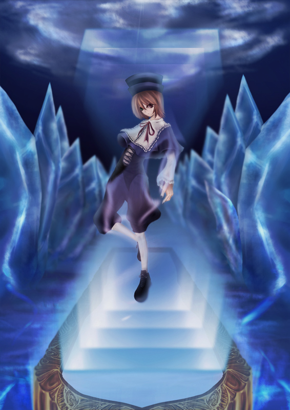 boku, d (pixiv289518), souseiseki, rozen maiden, 00s, brown hair, crystal, green eyes, hat, heterochromia, ice, pantyhose, red eyes, short hair, sky, solo