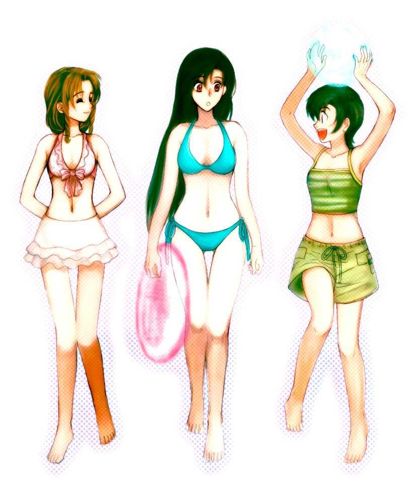 akaza shiro, aerith gainsborough, tifa lockhart, yuffie kisaragi, final fantasy, final fantasy vii, 1990s (style), 3girls, armpits, arms up, ball, bare shoulders, beachball, bikini, black hair, brown eyes, brown hair, camisole, closed eyes, innertube, long hair, midriff, multiple girls, retro artstyle, short hair, shorts, skirt, smile, swim ring, swimsuit