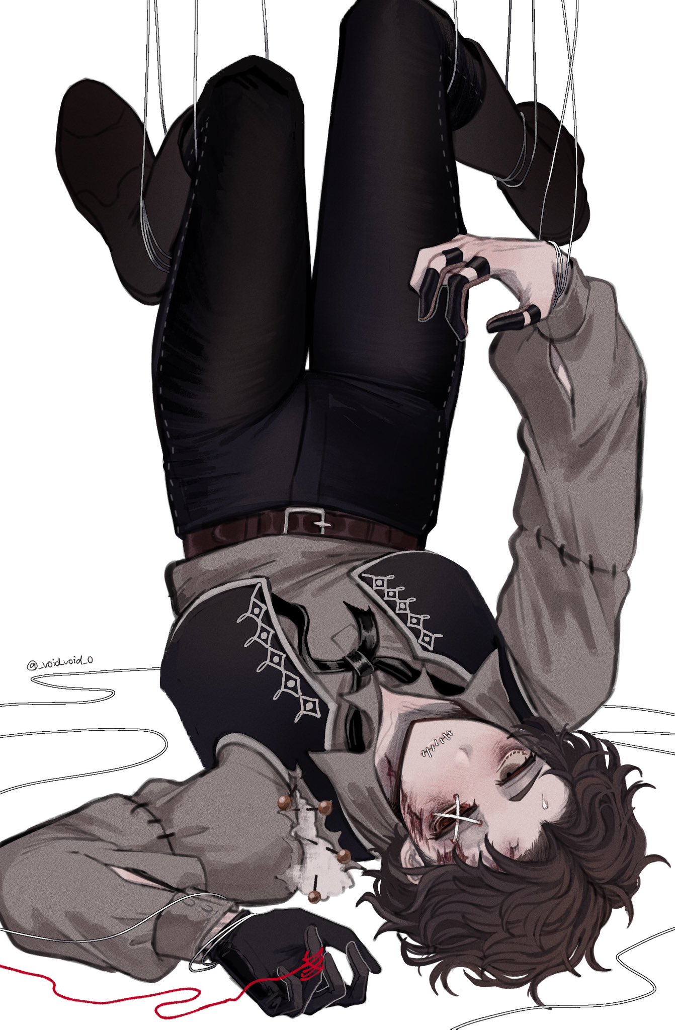 tendenbarabara, matthias czernin, identity v, highres, 1boy, belt, black gloves, black pants, black vest, boots, brown belt, brown boots, brown eyes, brown hair, brown shirt, frown, gloves, male focus, pants, rope, scar, scar on face, shirt, single glove, solo, stitched eye, stitched mouth, stitches, string, string of fate, sweat, upside-down, vest
