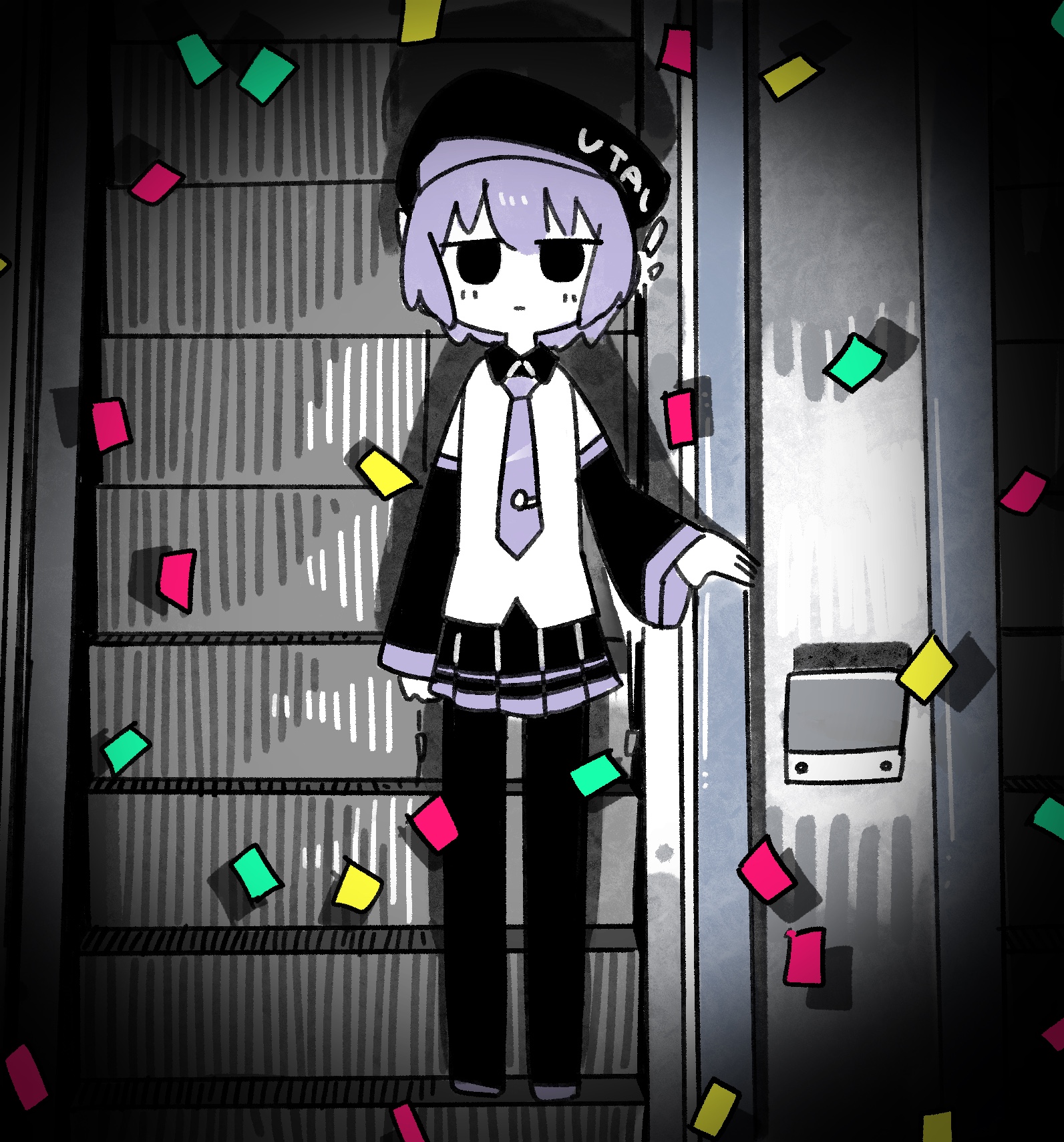 inemuri (jdq5e), utane uta, utau, highres, 1girl, beret, black eyes, black skirt, boots, closed mouth, collared shirt, confetti, copyright name, detached sleeves, escalator, expressionless, full body, hat, jitome, looking at viewer, necktie, pleated skirt, purple hair, purple necktie, shadow, shirt, short hair, skirt, sleeveless, sleeveless shirt, solo, standing, straight-on, thigh boots, urami koushin (utau), vignetting, wide sleeves