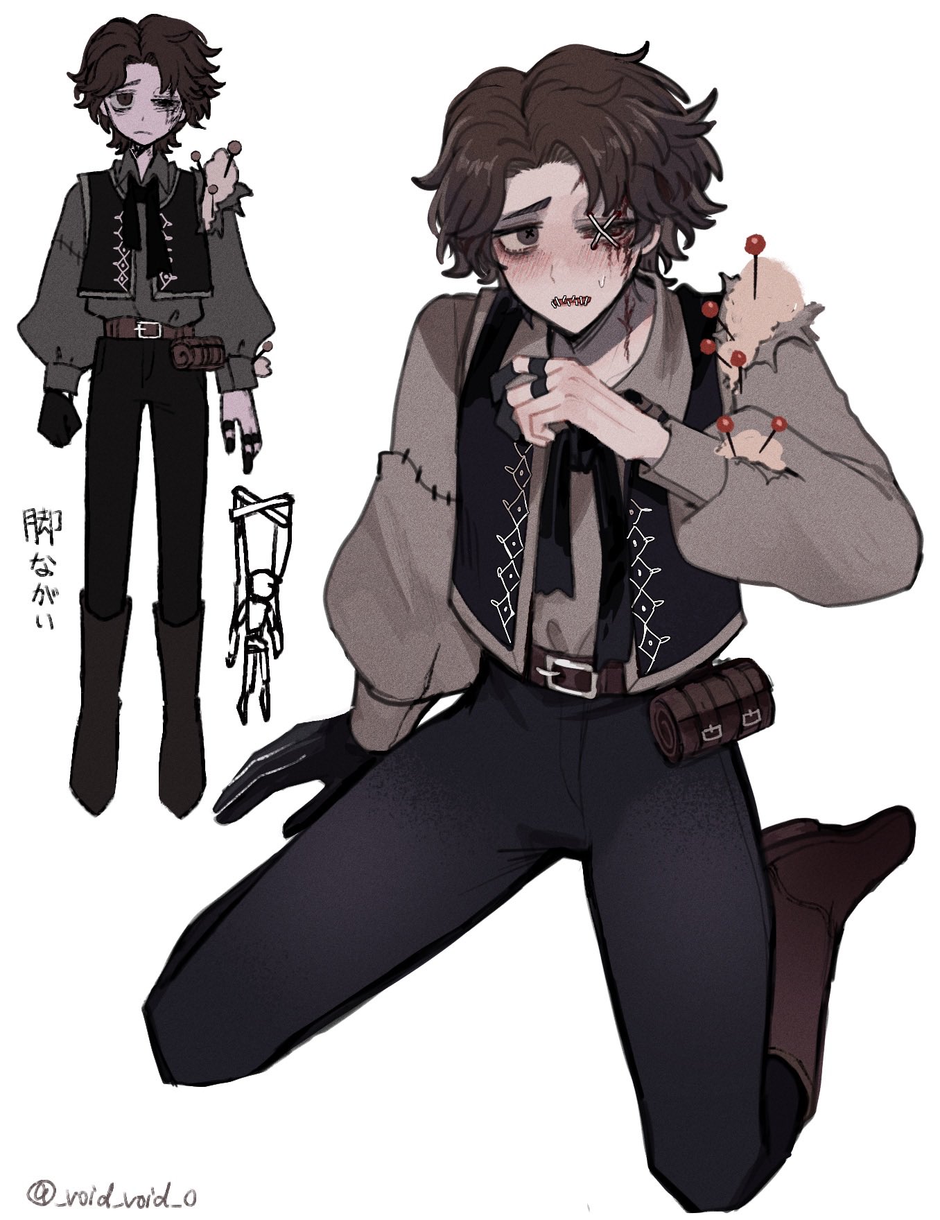 tendenbarabara, matthias czernin, identity v, highres, 1boy, belt, black gloves, black pants, black ribbon, black vest, blush, boots, brown belt, brown boots, brown eyes, brown hair, brown shirt, frown, gloves, kneeling, looking to the side, male focus, pants, pin, raised inner eyebrows, ribbon, scar, scar on face, shirt, single glove, solo, stitched eye, stitched mouth, stitches, stuffing, sweat, vest