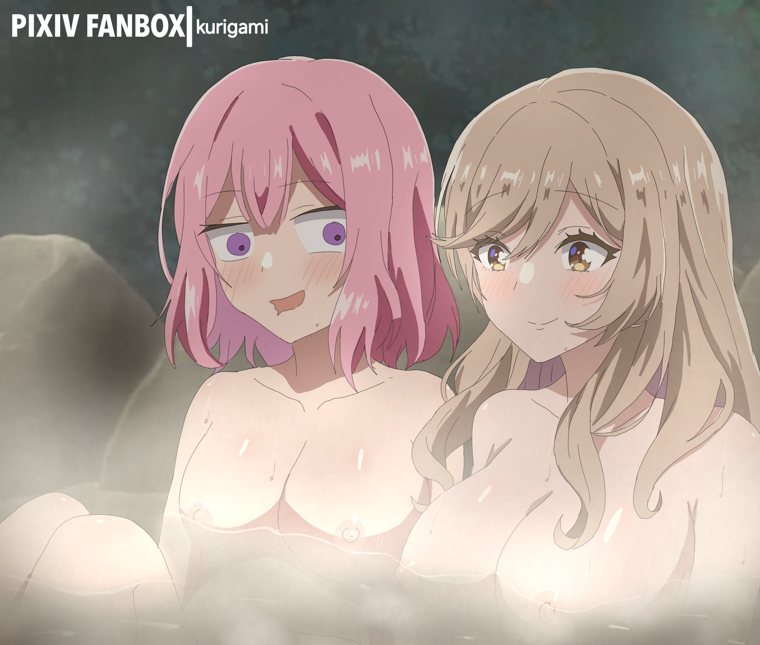kurigamikun, amaori renako, sena ajisai, watashi ga koibito ni nareru wake naijan murimuri!, commentary, highres, 2025, 2girls, bath, blush, breasts, brown eyes, brown hair, large breasts, long hair, multiple girls, nipples, nude, onsen, open mouth, pink hair, purple eyes, smile, steam, watermark, yuri