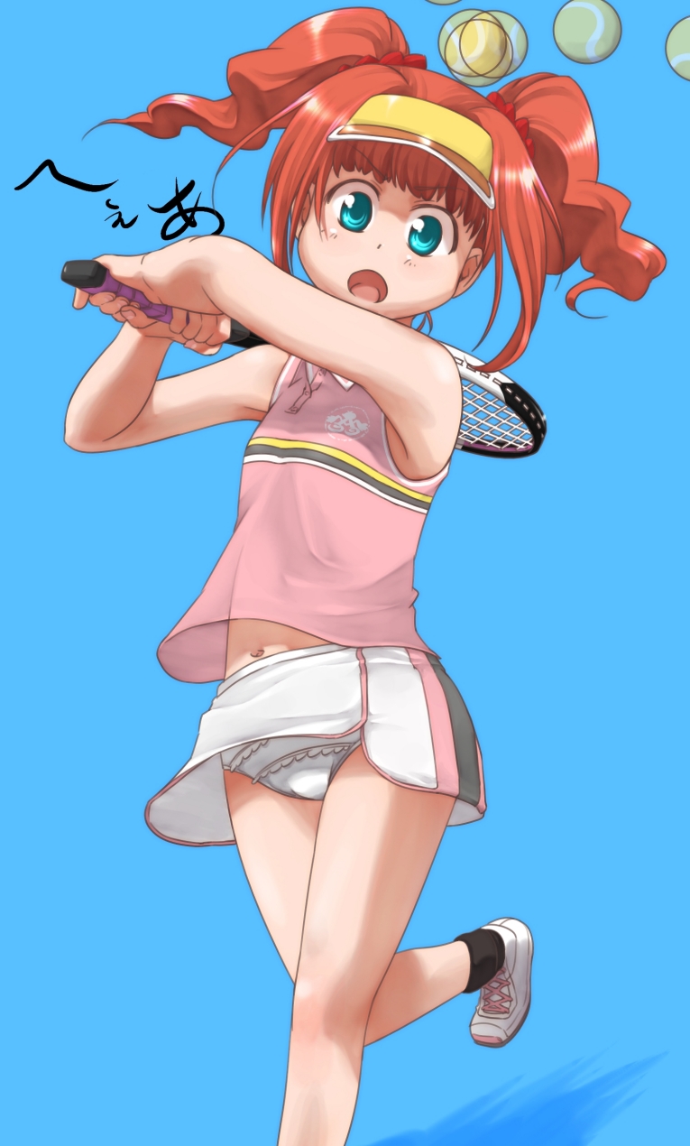 ttomm, takatsuki yayoi, idolmaster, idolmaster (classic), highres, 00s, 1girl, blue eyes, female focus, frilled panties, frills, loli, open mouth, panties, racket, red hair, solo, sportswear, tennis, tennis racket, tennis uniform, twintails, underwear