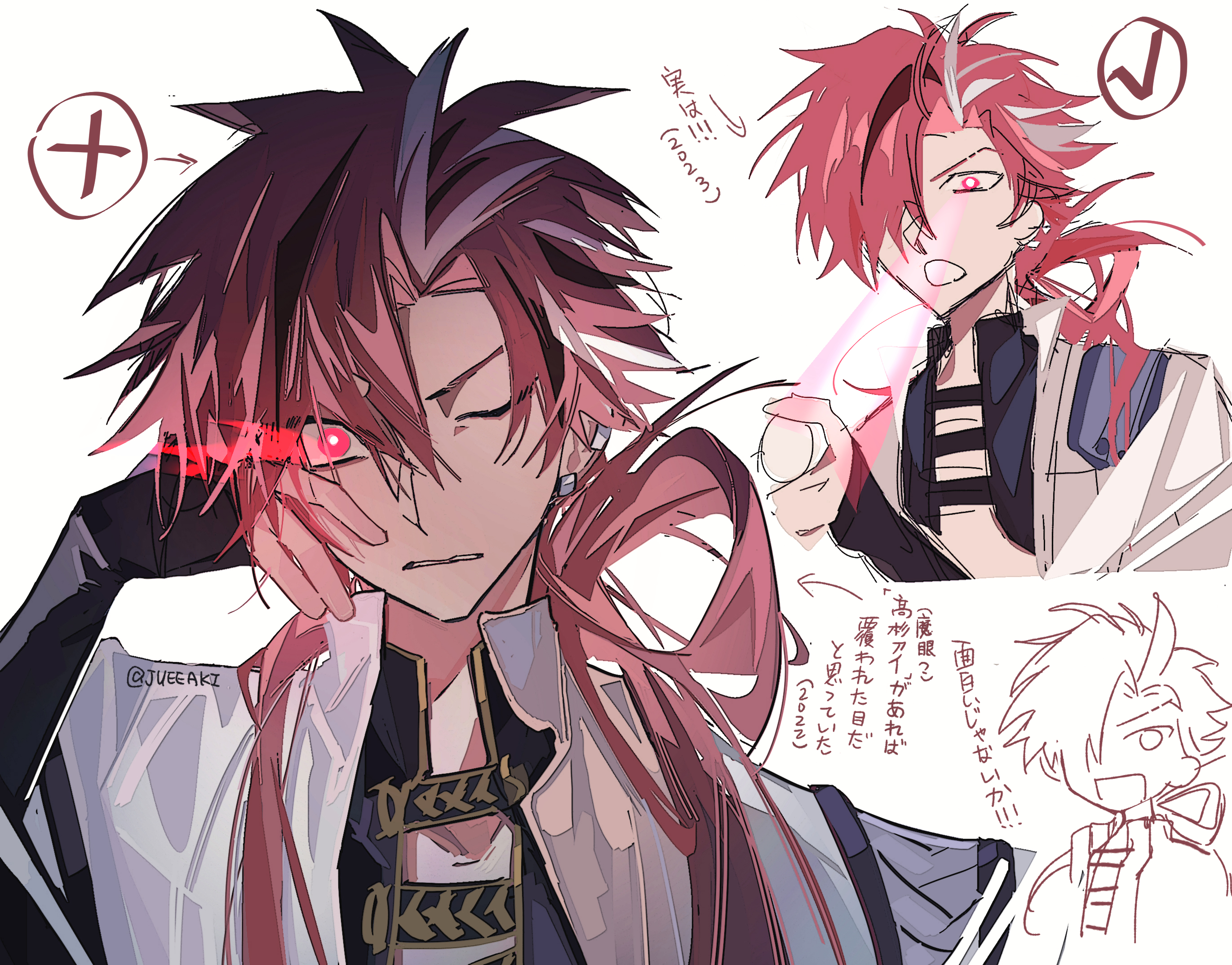 eeju, takasugi shinsaku (fate), fate/grand order, fate (series), highres, translation request, 1boy, bright pupils, earrings, glowing, glowing eyes, hair over one eye, jewelry, long hair, looking at viewer, male focus, open mouth, parted lips, red eyes, red hair, short hair, twitter username, white pupils