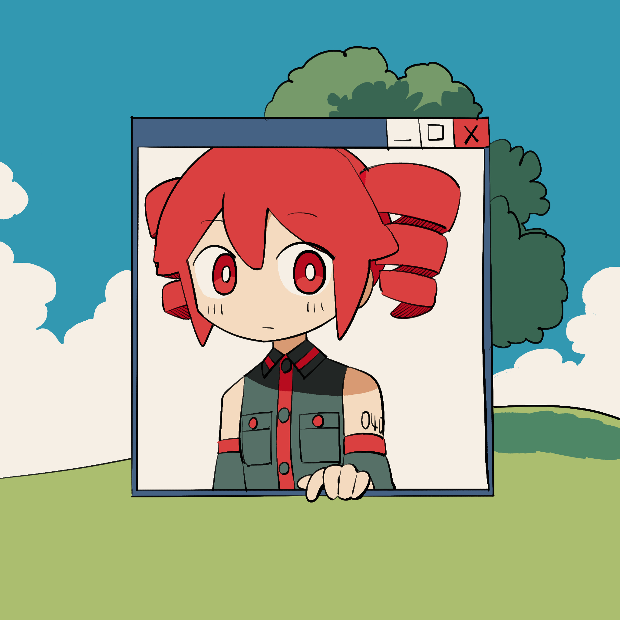 inemuri (jdq5e), kasane teto, kasane teto (utau), utau, commentary request, highres, 1girl, black shirt, blue sky, blush, closed mouth, cloud, collared shirt, cropped torso, day, detached sleeves, drill hair, expressionless, hill, kairi suru genzai (utau), looking at viewer, red eyes, red hair, shirt, short hair, sky, sleeveless, sleeveless shirt, solo, tree, twin drills, window (computing)