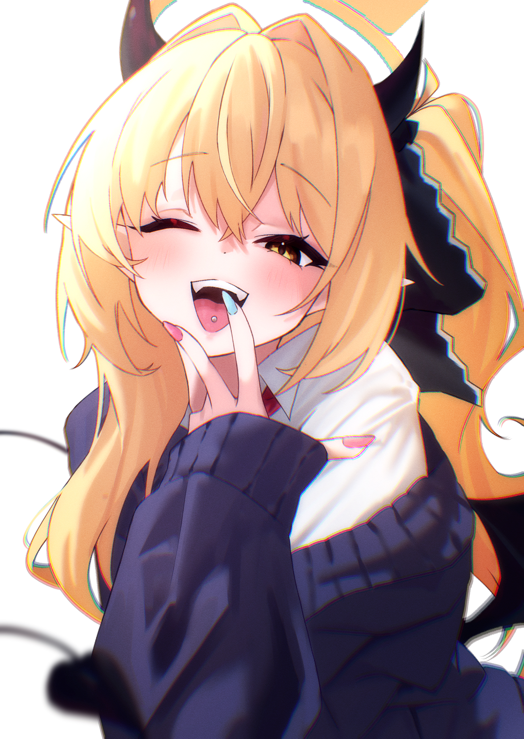 takamalu08 12, ibuki (blue archive), blue archive, absurdres, highres, 1girl, black horns, black tail, black wings, blonde hair, blush, demon girl, demon horns, demon tail, demon wings, fangs, gyaru, halo, horns, long hair, long sleeves, looking at viewer, nail polish, one eye closed, open mouth, piercing, simple background, sleeves past wrists, smile, solo, tail, tongue, tongue out, tongue piercing, white background, wings, yellow eyes, yellow halo