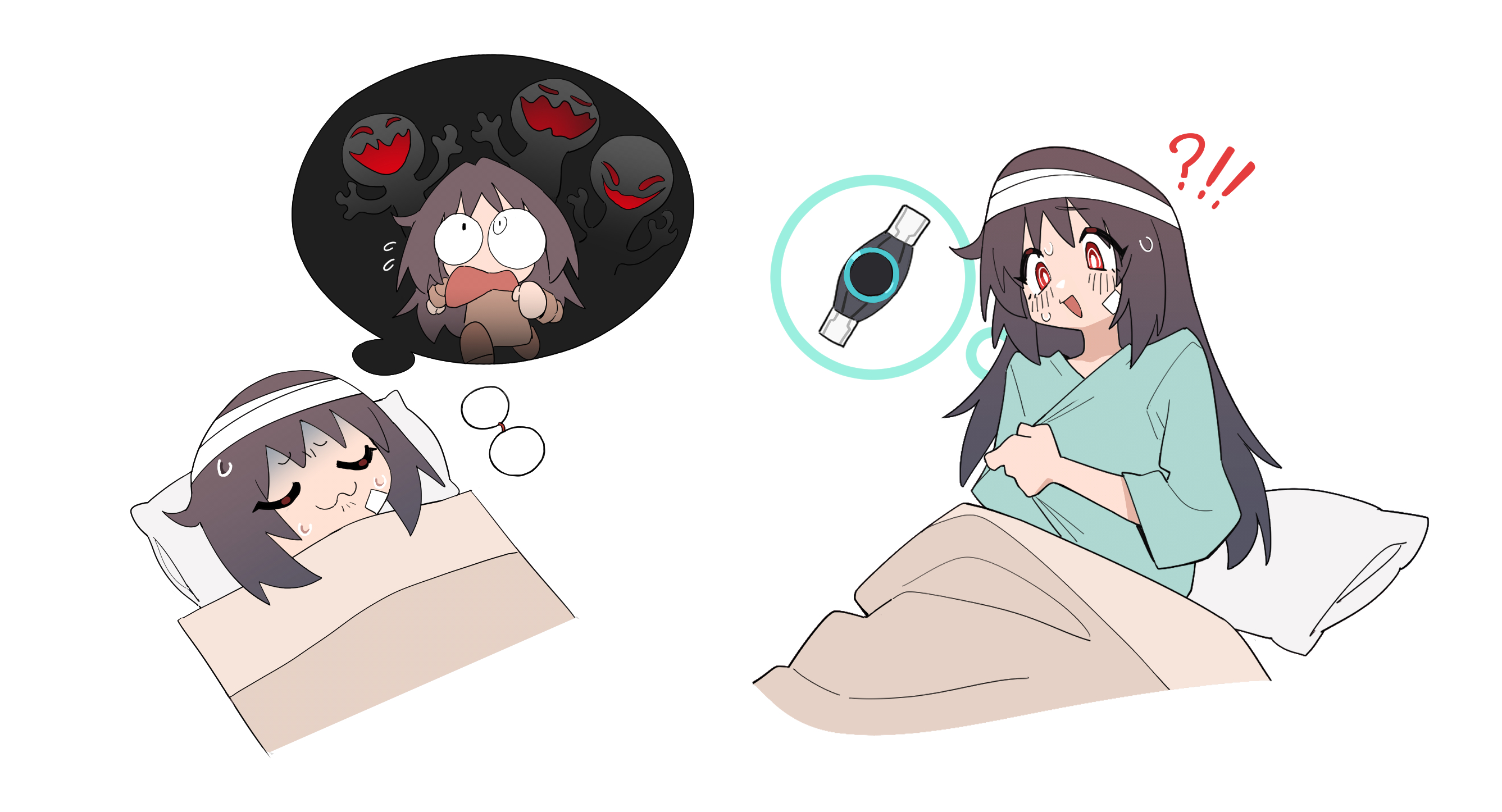 goz-zz, kamen rider, kamen rider zeztz (series), highres, !?, bandages, belt, genderswap, genderswap (mtf), glasses, hospital gown, pillow, red eyes, sleeping, surprised, turn pale, unworn eyewear, yorozu baku