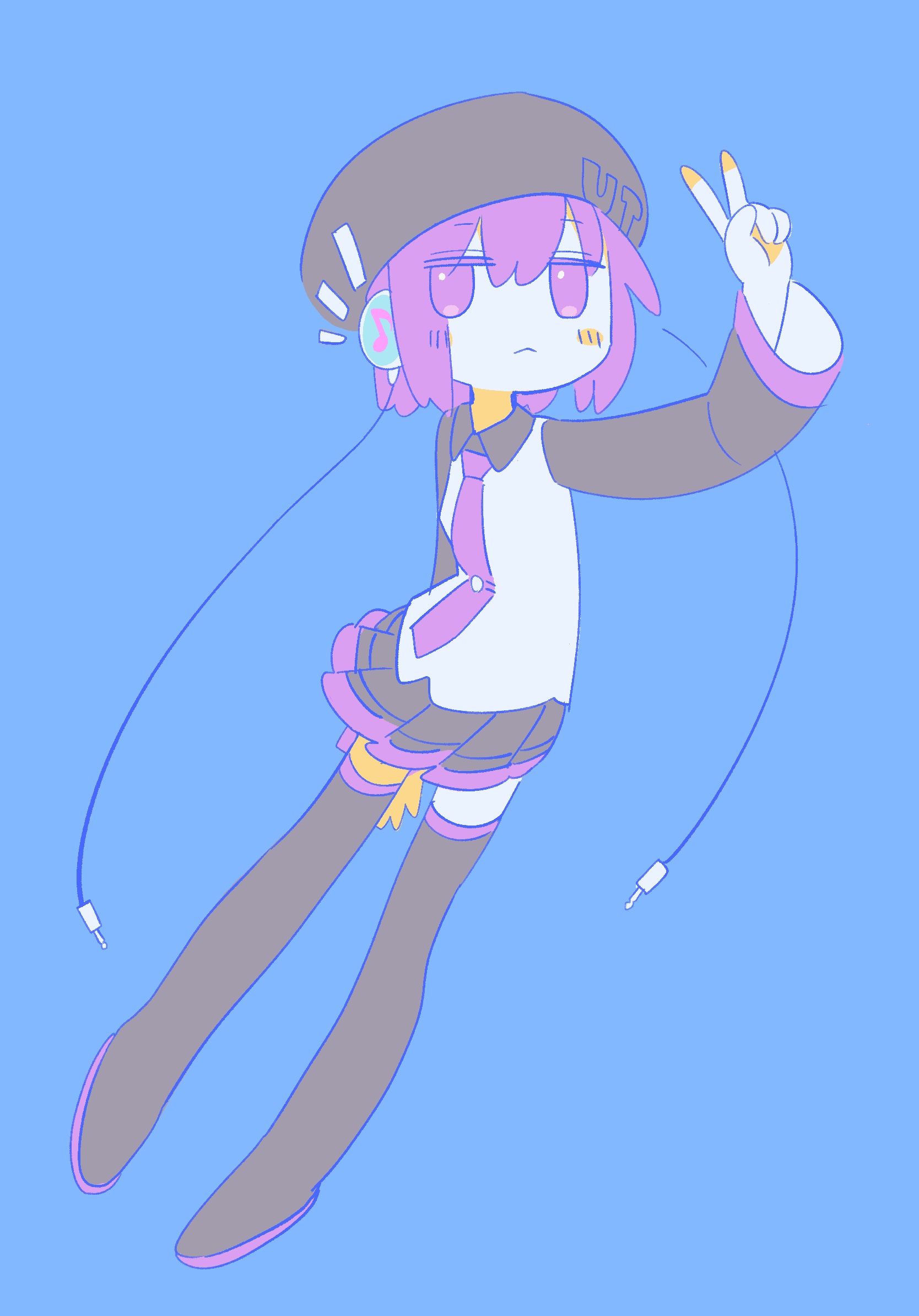 inemuri (jdq5e), utane uta, utau, highres, 1girl, :<, arm at side, beret, black boots, black hat, black skirt, black sleeves, blue background, blush, boots, collared shirt, floating, full body, hand up, hat, headphones, long sleeves, miniskirt, necktie, pleated skirt, purple eyes, purple hair, purple necktie, shirt, short hair, simple background, skirt, solo, thigh boots, v, white shirt