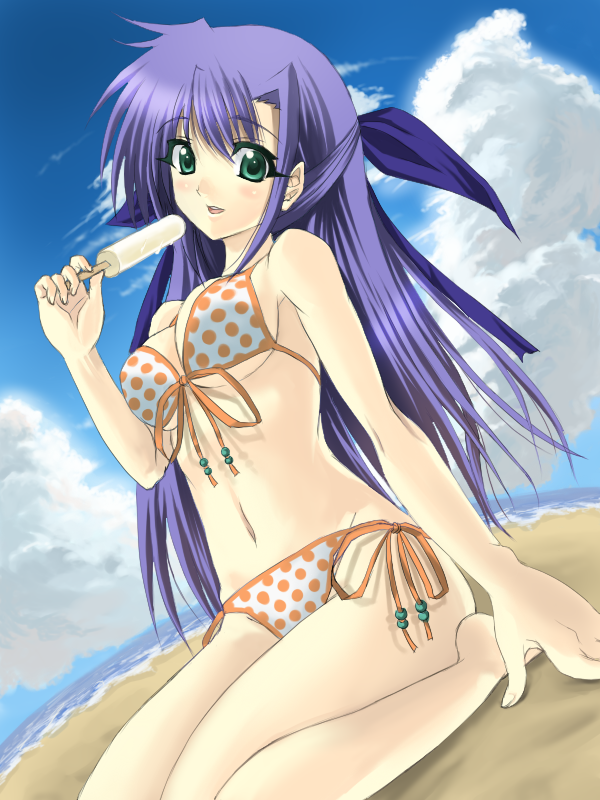 kitiroku, ginga nakajima, lyrical nanoha, mahou shoujo lyrical nanoha, mahou shoujo lyrical nanoha strikers, 00s, 1girl, barefoot, beach, bikini, blush, breasts, day, female focus, food, foreshortening, front-tie top, green eyes, hair ribbon, kneeling, long hair, medium breasts, polka dot, polka dot bikini, polka dot swimsuit, popsicle, purple hair, ribbon, sand, side-tie bikini bottom, solo, swimsuit