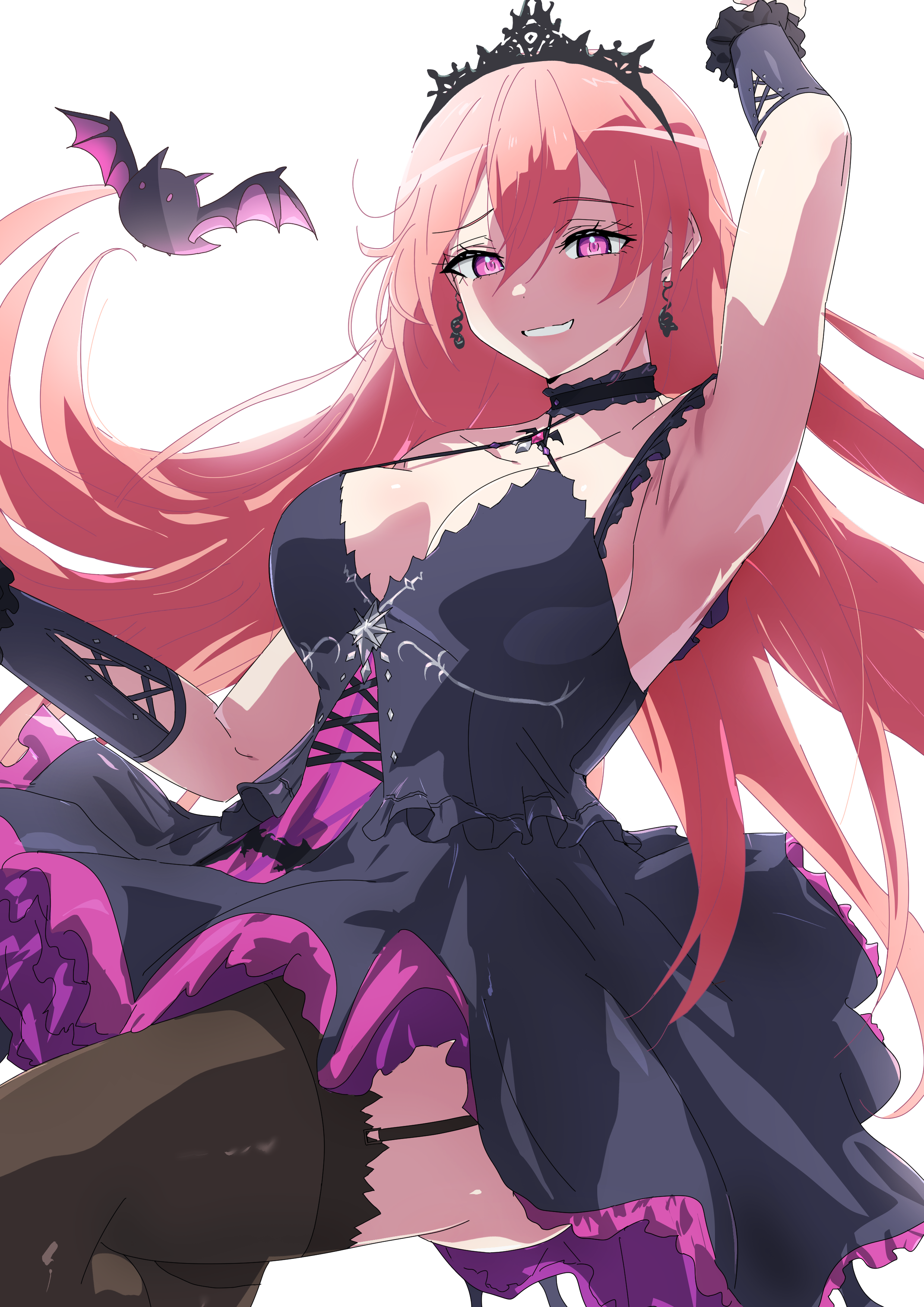 misaki nonaka, runie ruse, phase connect, absurdres, highres, second-party source, 1girl, arm up, armpits, bat (animal), black dress, black garter straps, black thighhighs, black tiara, breasts, dress, earrings, eyelashes, garter straps, hair between eyes, jewelry, long hair, pink hair, purple eyes, smile, solo, thighhighs, tiara, transparent background, virtual youtuber