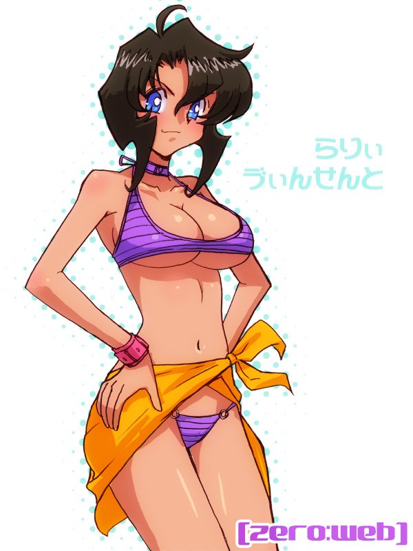 zero hime, rally vincent, gunsmith cats, bad id, bad pixiv id, 1990s (style), 1girl, bare shoulders, bikini, black hair, blue eyes, bob cut, breasts, choker, dark-skinned female, dark skin, female focus, large breasts, purple bikini, retro artstyle, short hair, sidelocks, solo, swimsuit, underboob