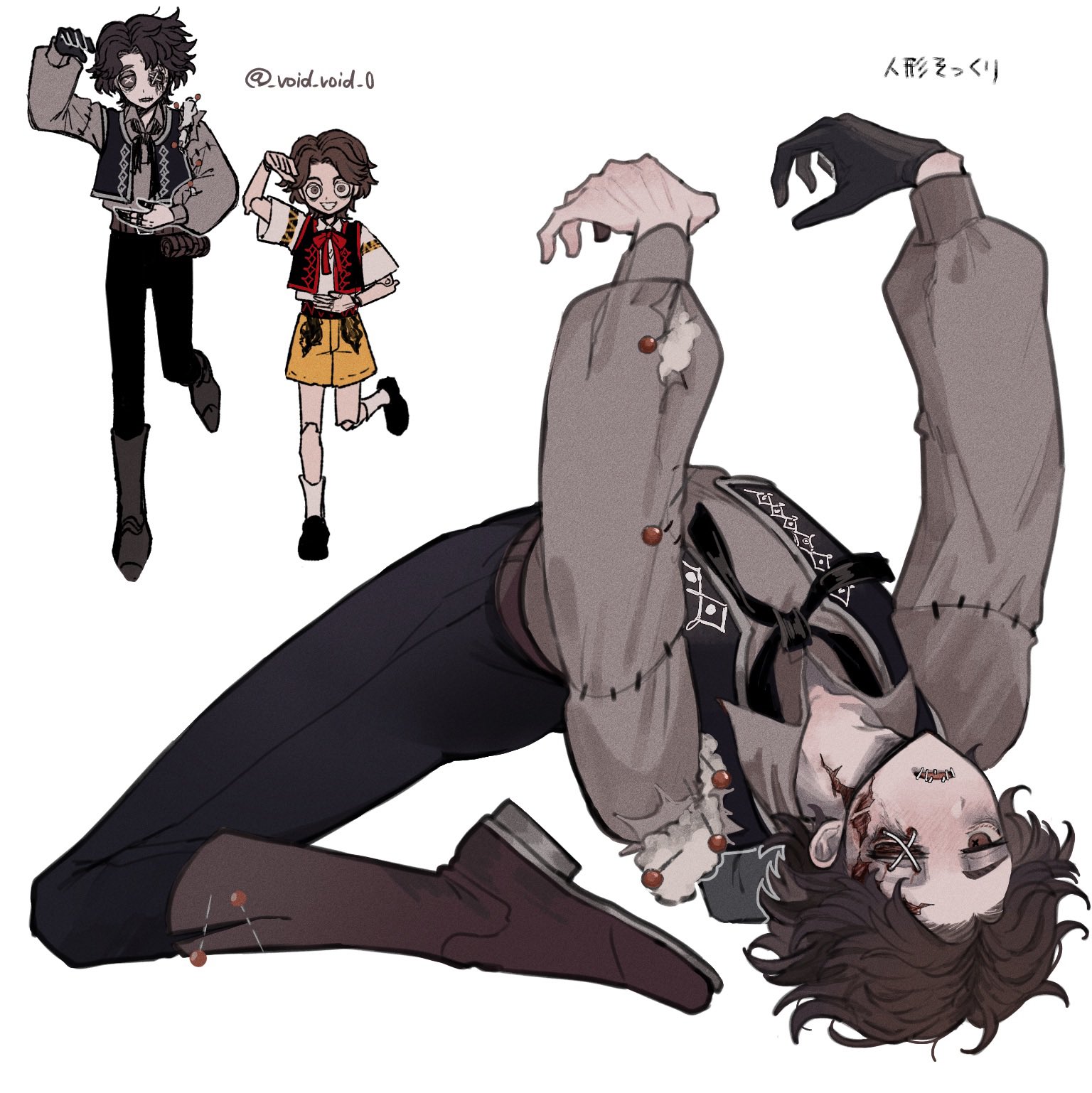 tendenbarabara, matthias czernin, identity v, highres, 1boy, 2boys, adam's apple, arched back, arms up, black gloves, black pants, black ribbon, boots, bow, brown boots, brown eyes, brown hair, brown shirt, button eyes, buttons, gloves, kneeling, looking at viewer, louis (identity v), male focus, multiple boys, pants, pin, puppet, red bow, ribbon, scar, scar on face, scar on neck, shirt, shorts, single glove, socks, stitched eye, stitched mouth, stitches, stuffing, upside-down, wavy hair, white background, white socks, yellow shorts